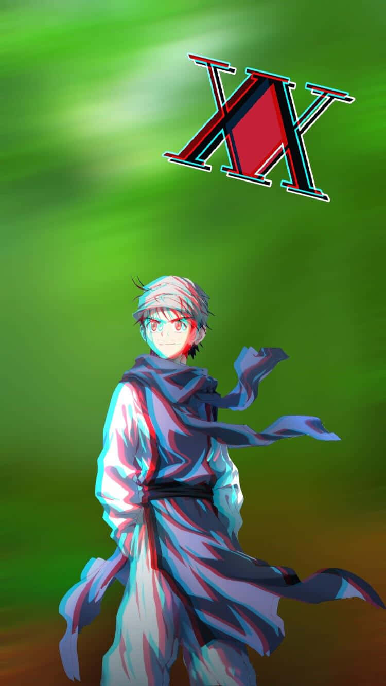 Ging Freecss 桌布 壁紙 — 一個銀髮紅眼的動漫角色，身穿飄逸長袍，站在充滿活力的綠色漸變背景前，上方有一個風格化的紅黑 'X' 標誌。