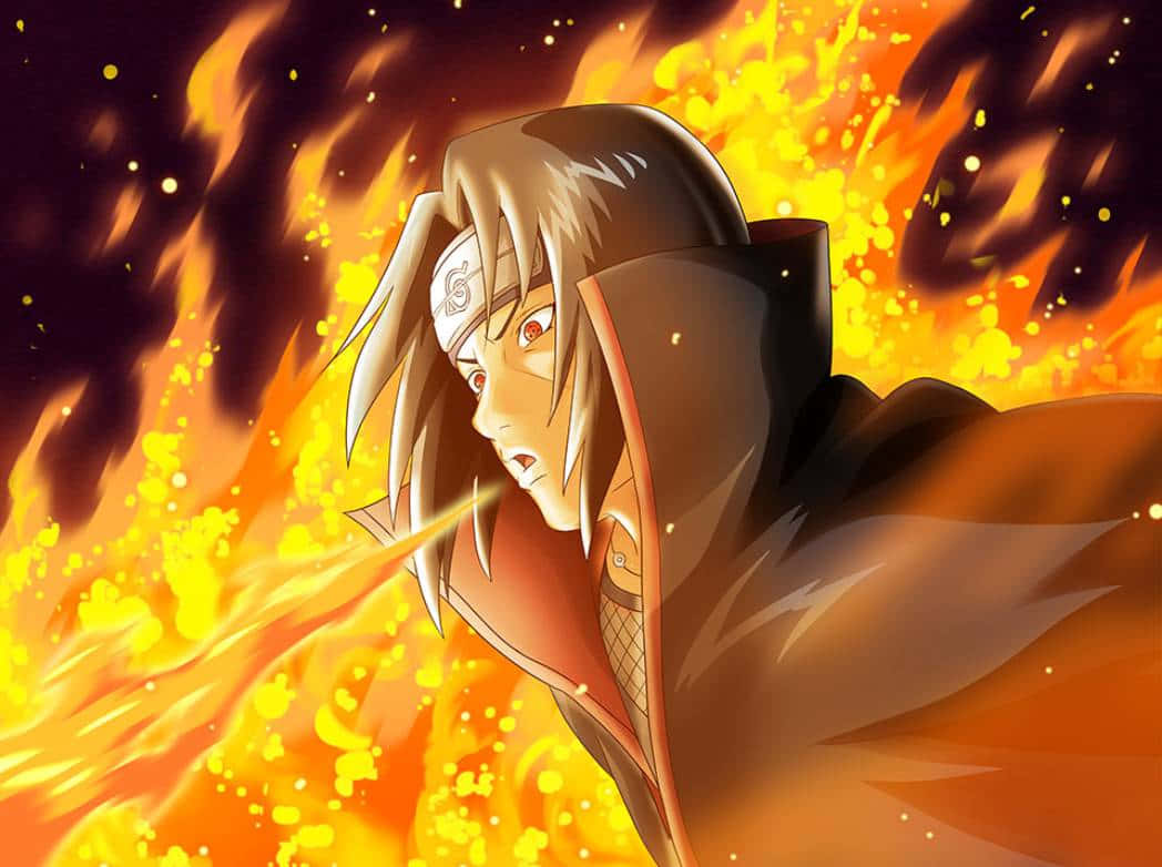 Jutsu 桌布 壁紙 — 一個銀髮紅眼的動漫角色在熾熱的橙黑色背景前釋放出火焰爆炸。