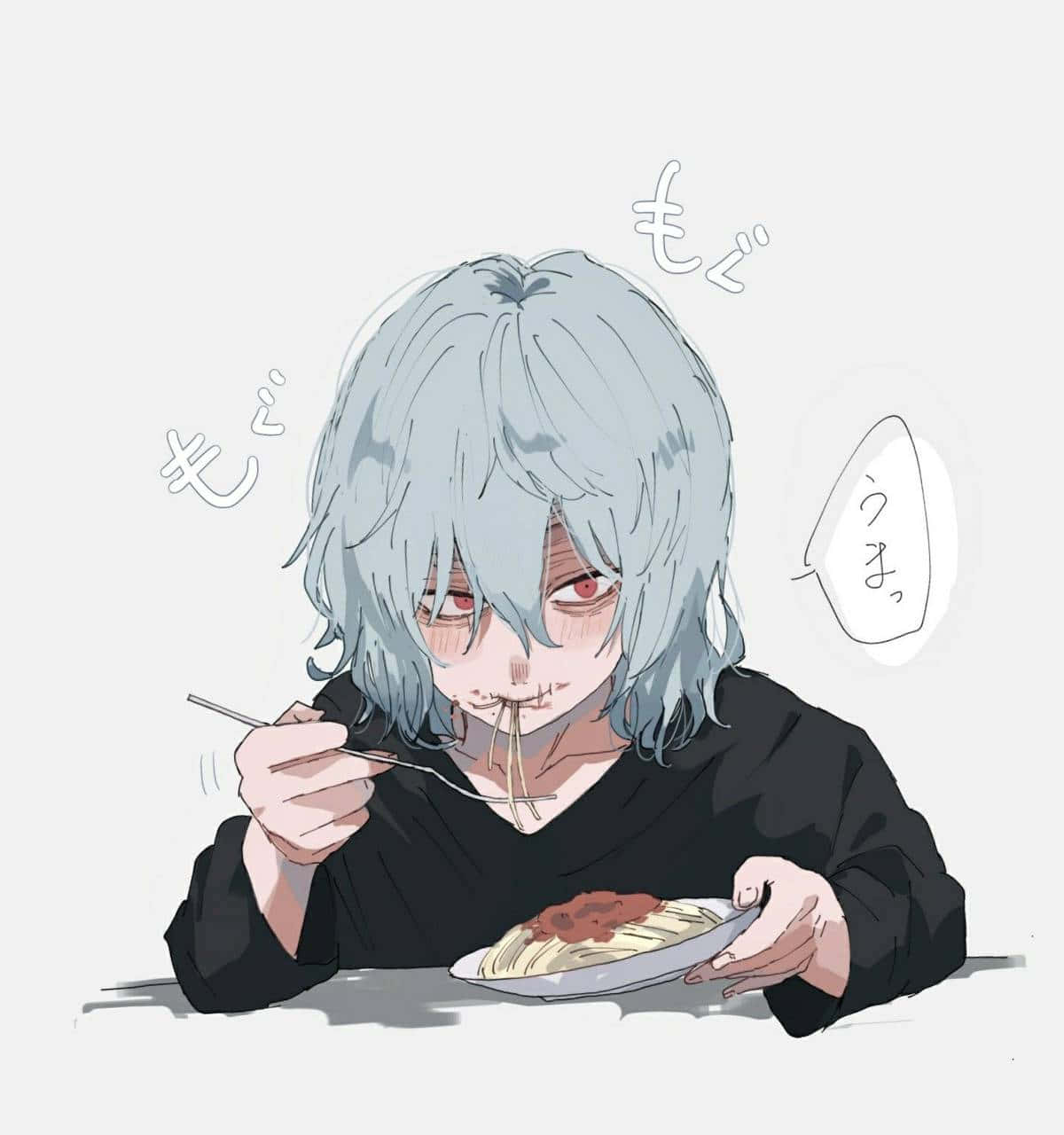 Tomura Shigaraki 桌布 壁紙 — 一個銀髮紅眼的動漫角色熱情地吃著帶醬汁的意大利麵，周圍漂浮著日語擬聲詞。
