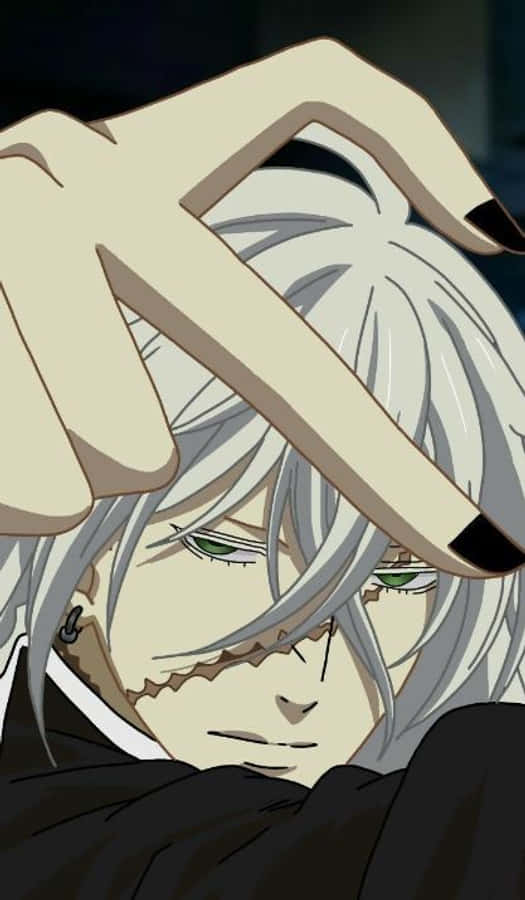 Black Butler Undertaker 桌布 壁紙 — 一個銀髮綠眼動漫角色的特寫，在黑暗背景中用手遮擋臉部。