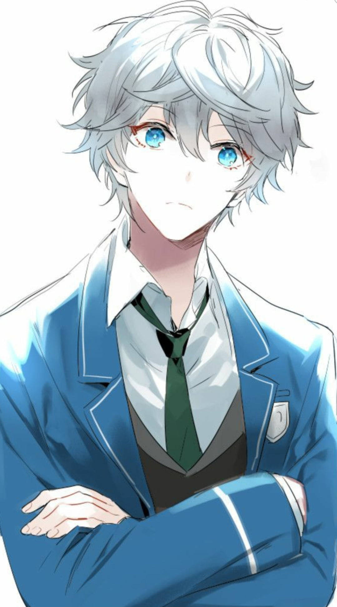 動漫男孩 桌布 壁紙 — 一個銀髮藍眼嘅動漫男仔自信咁企喺白色背景前，著住藍色校服，雙手交叉喺胸前。