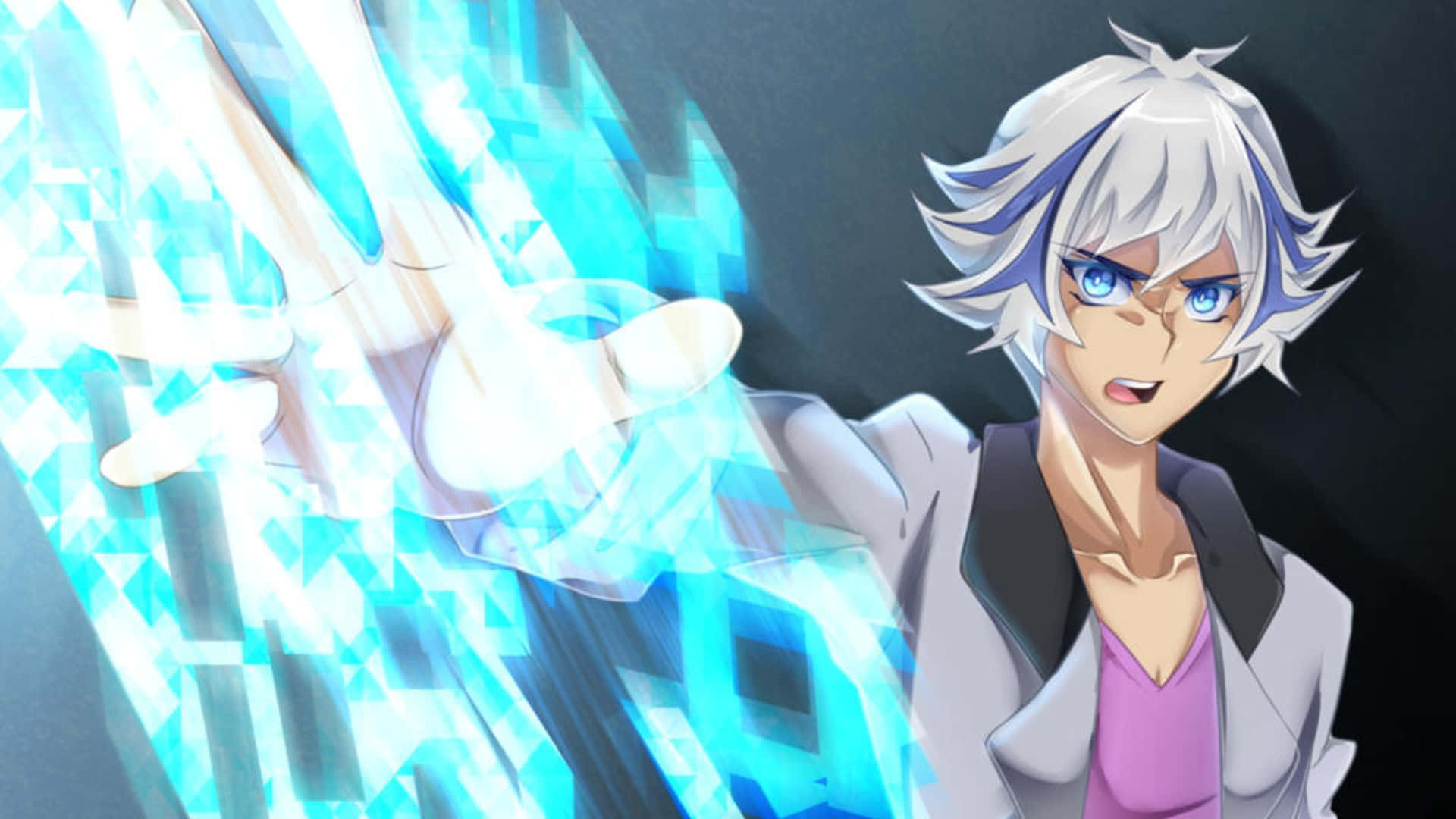 Ryoken Kogami 桌布 壁紙 — 一個銀髮藍眼的動漫角色在黑暗背景中伸出手，釋放出明亮的藍色水晶能量。