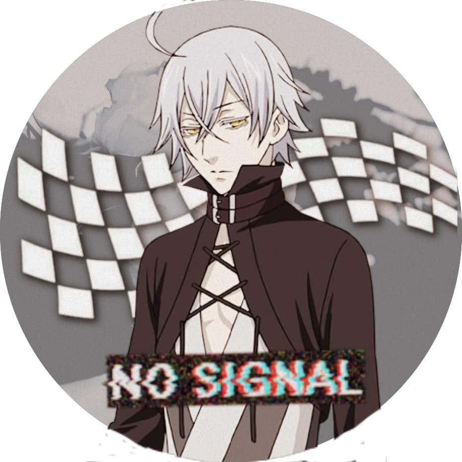 Black Butler Snake 桌布 壁紙 — 一個銀髮黃眼睛的動漫角色站在方格旗背景前，背景上有一個帶故障效果的「NO SIGNAL」橫幅。