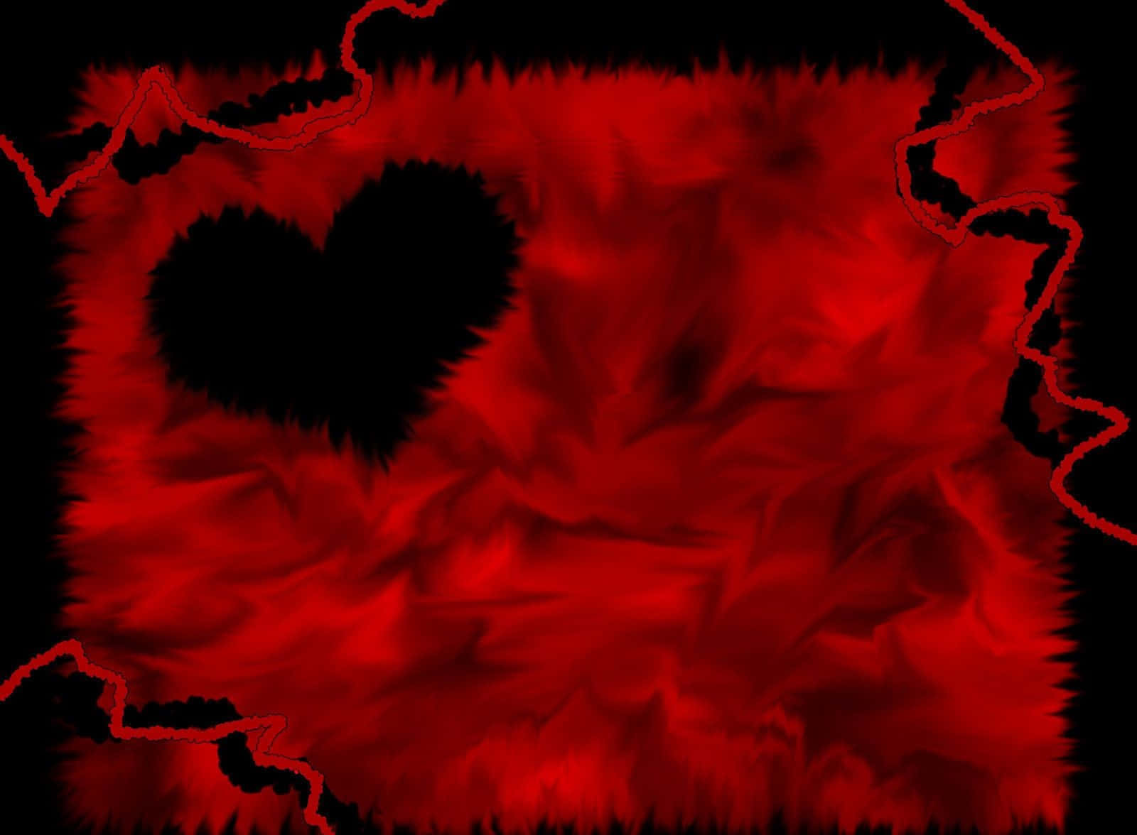 Broken Heart Black 桌布 壁紙 — 一個鋸齒狀的黑色心形剪影從旋轉的深紅色火焰中浮現，背景是純黑色。