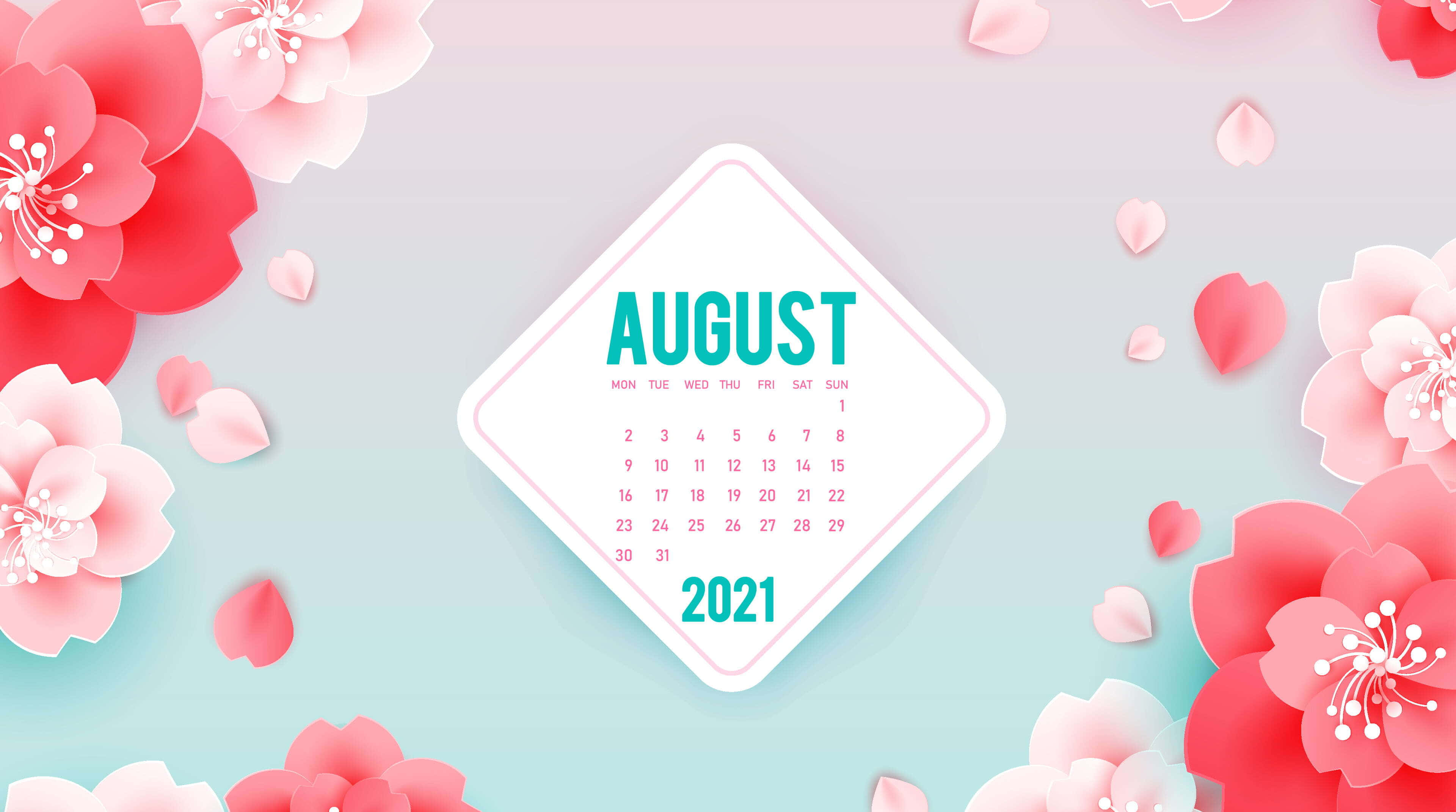 August 桌布 壁紙 — 一個鑽石形狀的2021年8月月曆，周圍環繞著鮮豔的剪紙櫻花和花瓣，背景為柔和的漸變色。