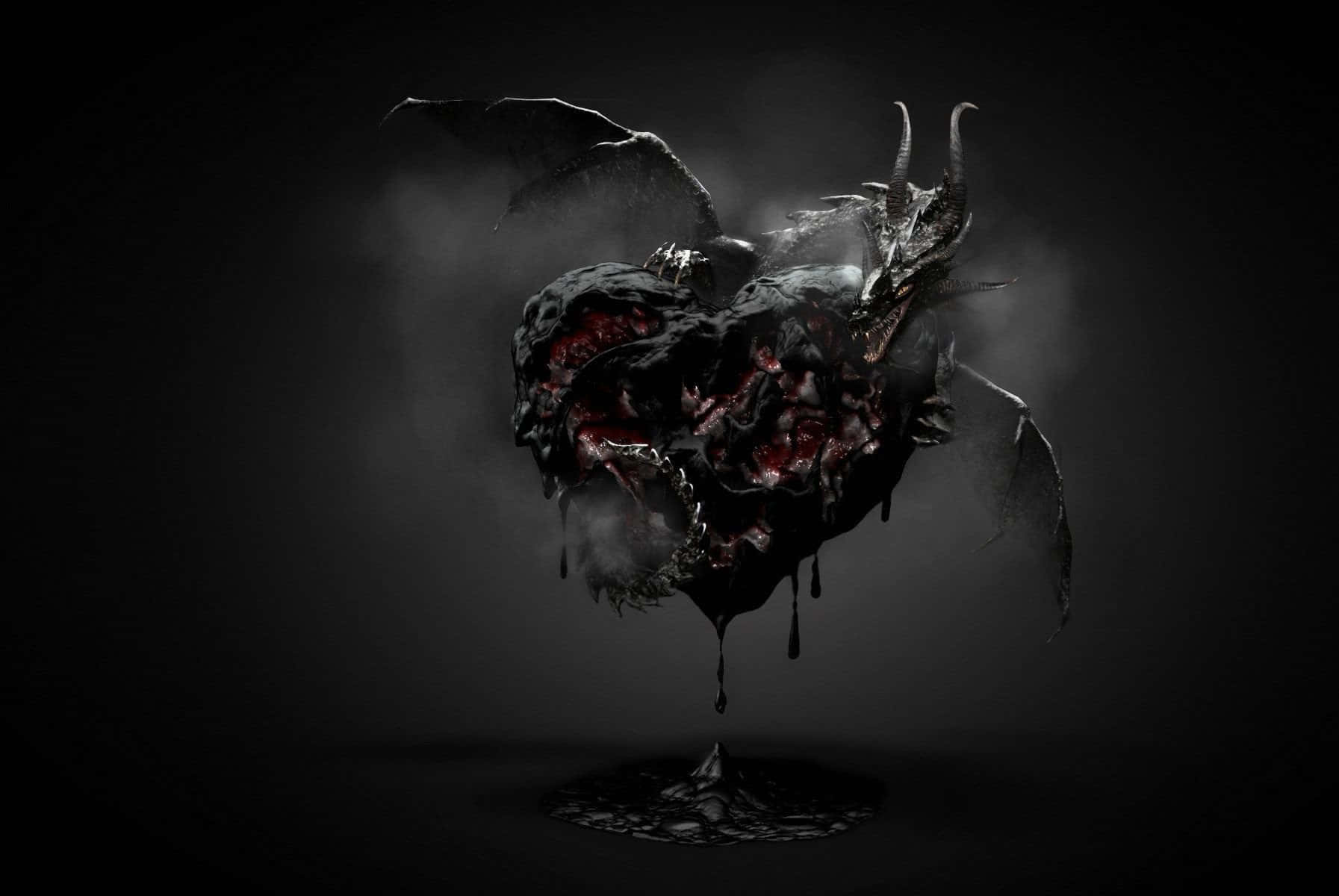 Broken Heart Black 桌布 壁紙 — 一個長有翅膀和角、滴著血的怪誕惡魔心臟，漂浮在黑暗煙霧背景上。