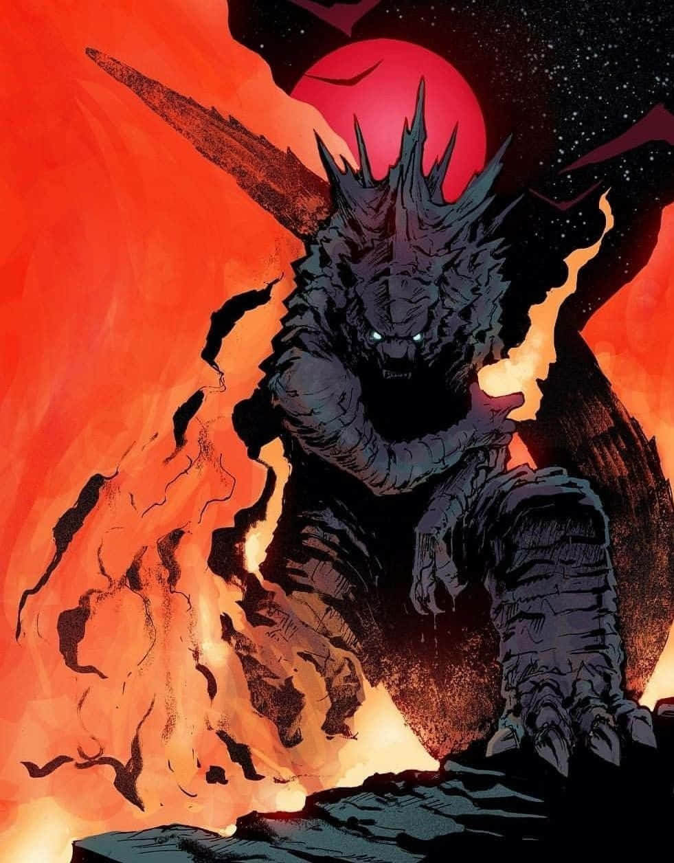 Monsterverse 桌布 壁紙 — 一個長滿尖刺的怪物，眼睛發光，從熾熱的熔岩中出現，背景是血紅色的月亮和黑暗的宇宙天空。