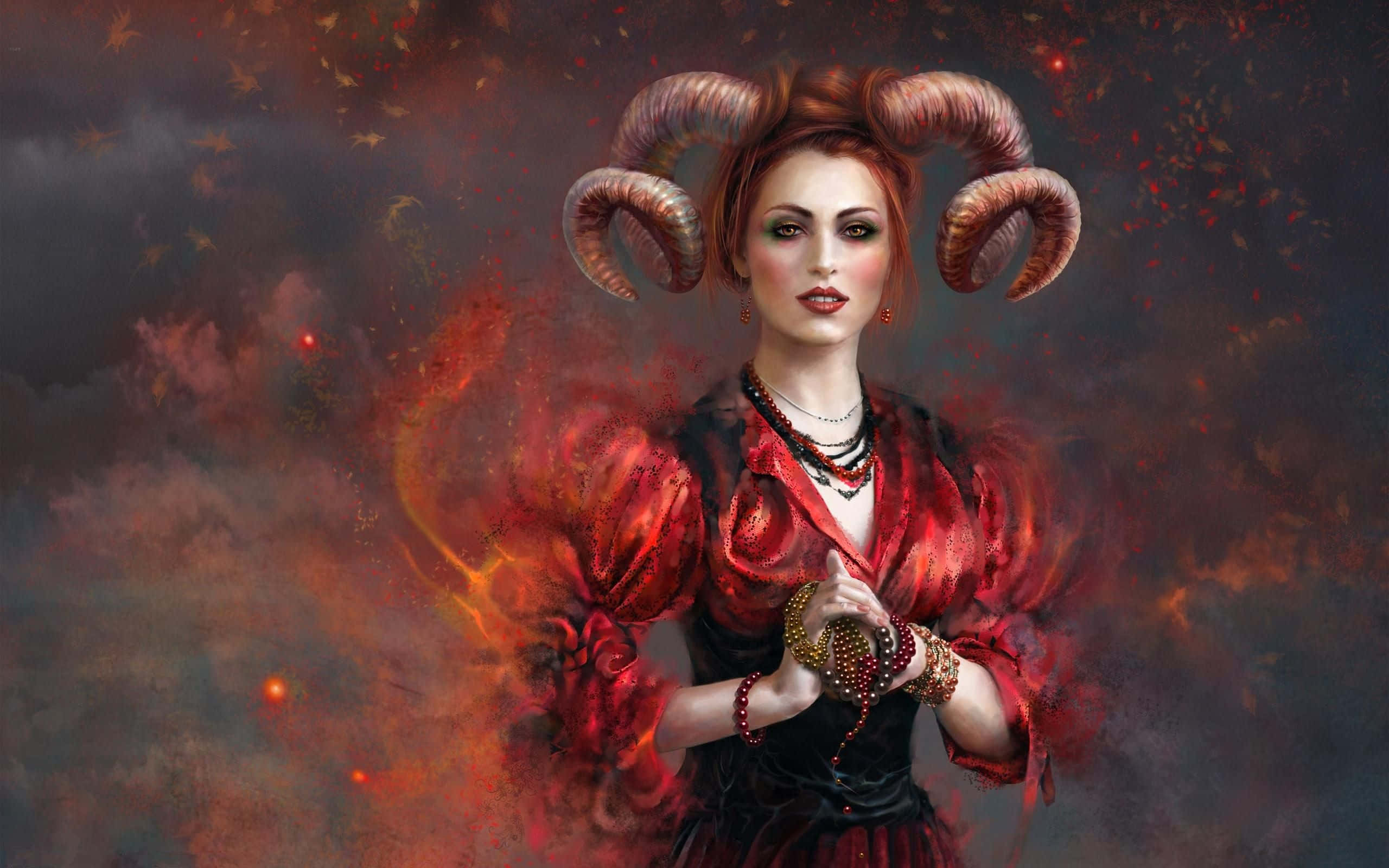 aries 桌布 壁紙 — 一個長著公羊角、紅髮的女人，站在黑暗神秘場景中旋轉的火焰和飄落的樹葉之間。