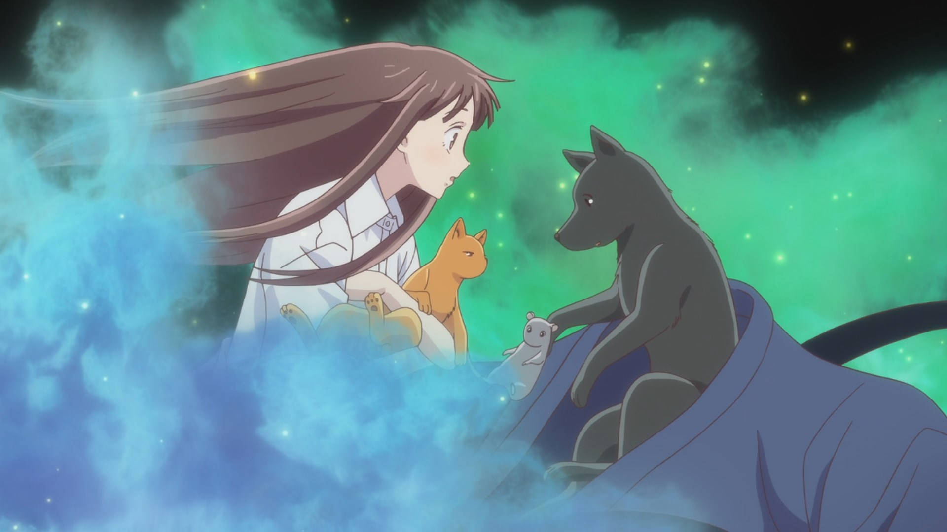 女孩與貓在神秘的宇宙雲層中，伴隨著閃爍的星星 — 動漫貓 GIF 壁紙