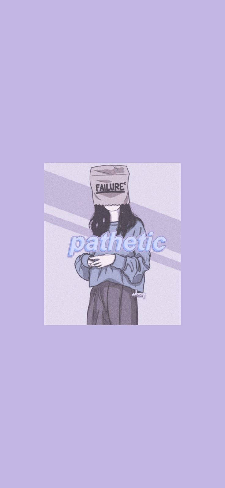 Purple Aesthetic Phone 桌布 壁紙 — 一個長著深色長髮的人頭上戴著一個標有「失敗」的袋子，而「可悲」這個詞在柔和的紫色背景前閃耀。