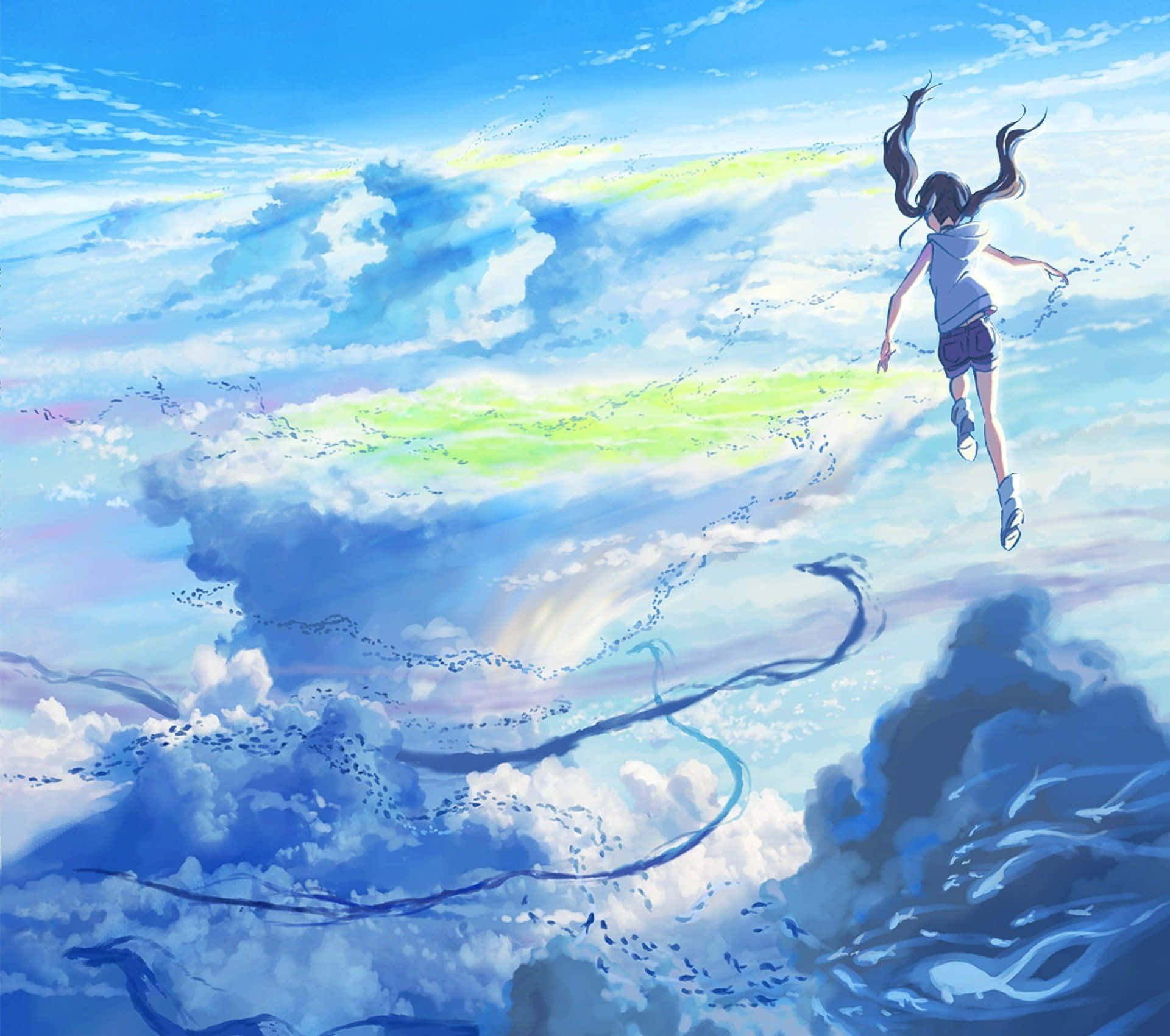 Weathering With You 桌布 壁紙 — 一個長著深色長髮的女孩在充滿蓬鬆雲朵和發光軌跡的鮮豔藍色天空中快樂地跳躍。