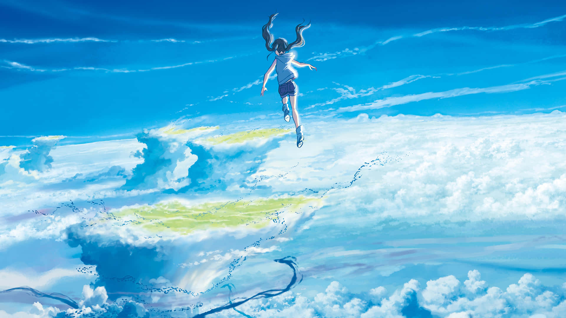 Weathering With You 桌布 壁紙 — 一個長著深色長髮的女孩在廣闊明亮的藍天下，在蓬鬆的白雲上歡快地跳躍。