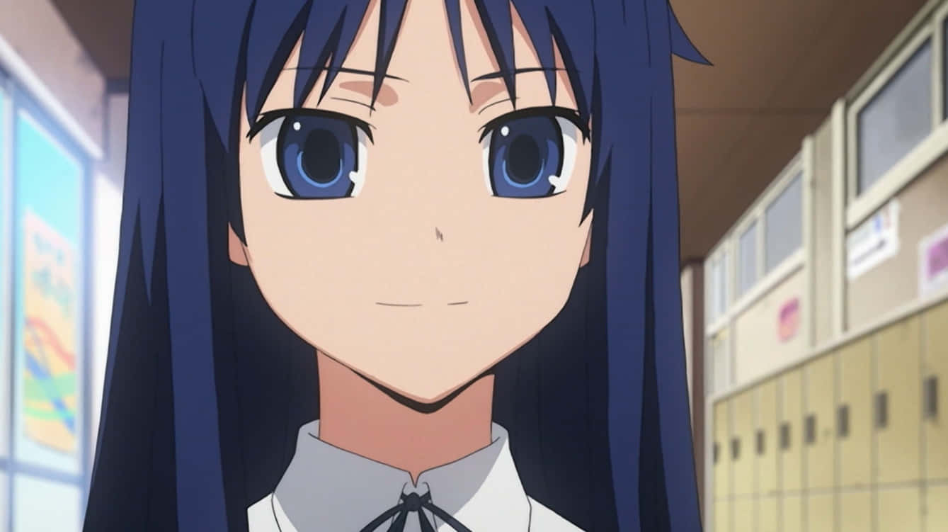 Sumire Kanou 桌布 壁紙 — 一個長著深藍色長髮和明亮藍眼睛的動漫女孩在學校走廊裡溫柔微笑的特寫。