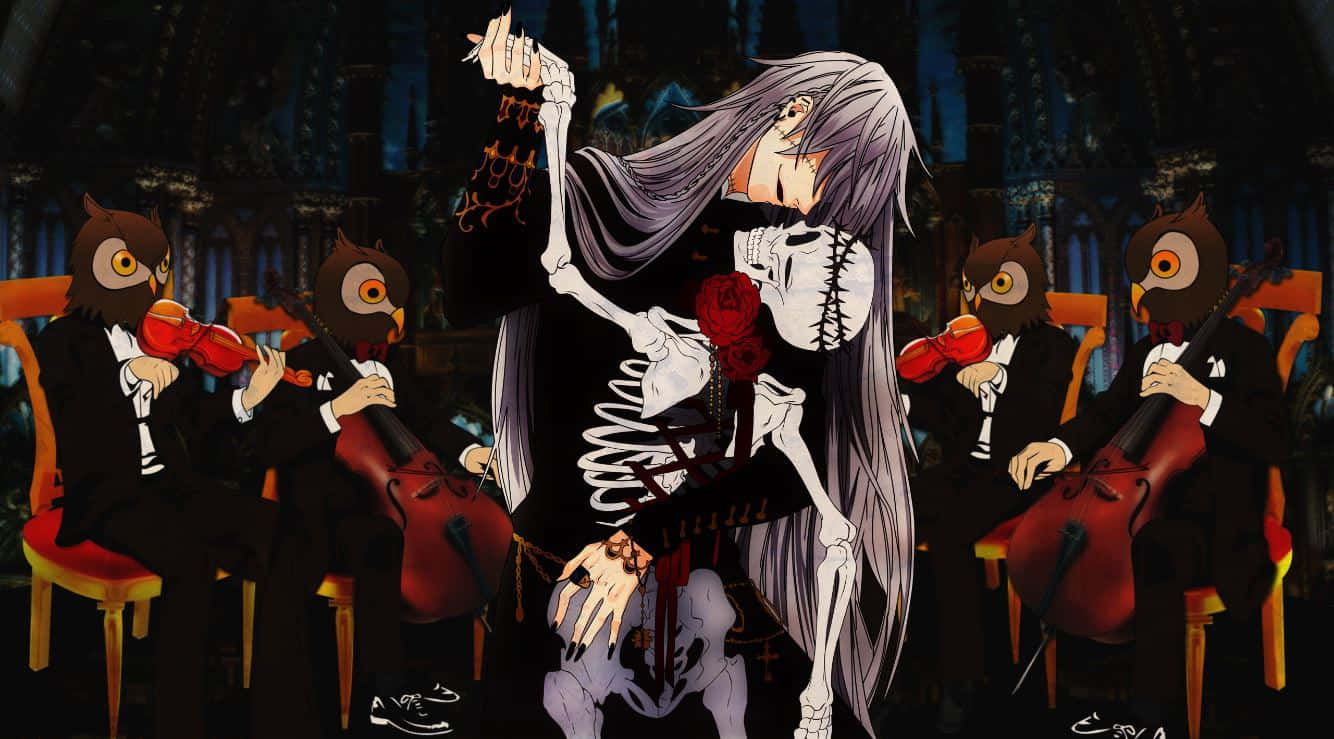 Black Butler Undertaker 桌布 壁紙 — 一個長著灰色長髮、手持紅玫瑰的骷髏動漫人物在哥德式大廳中跳舞，而穿著西裝的貓頭鷹音樂家正在演奏小提琴和大提琴。