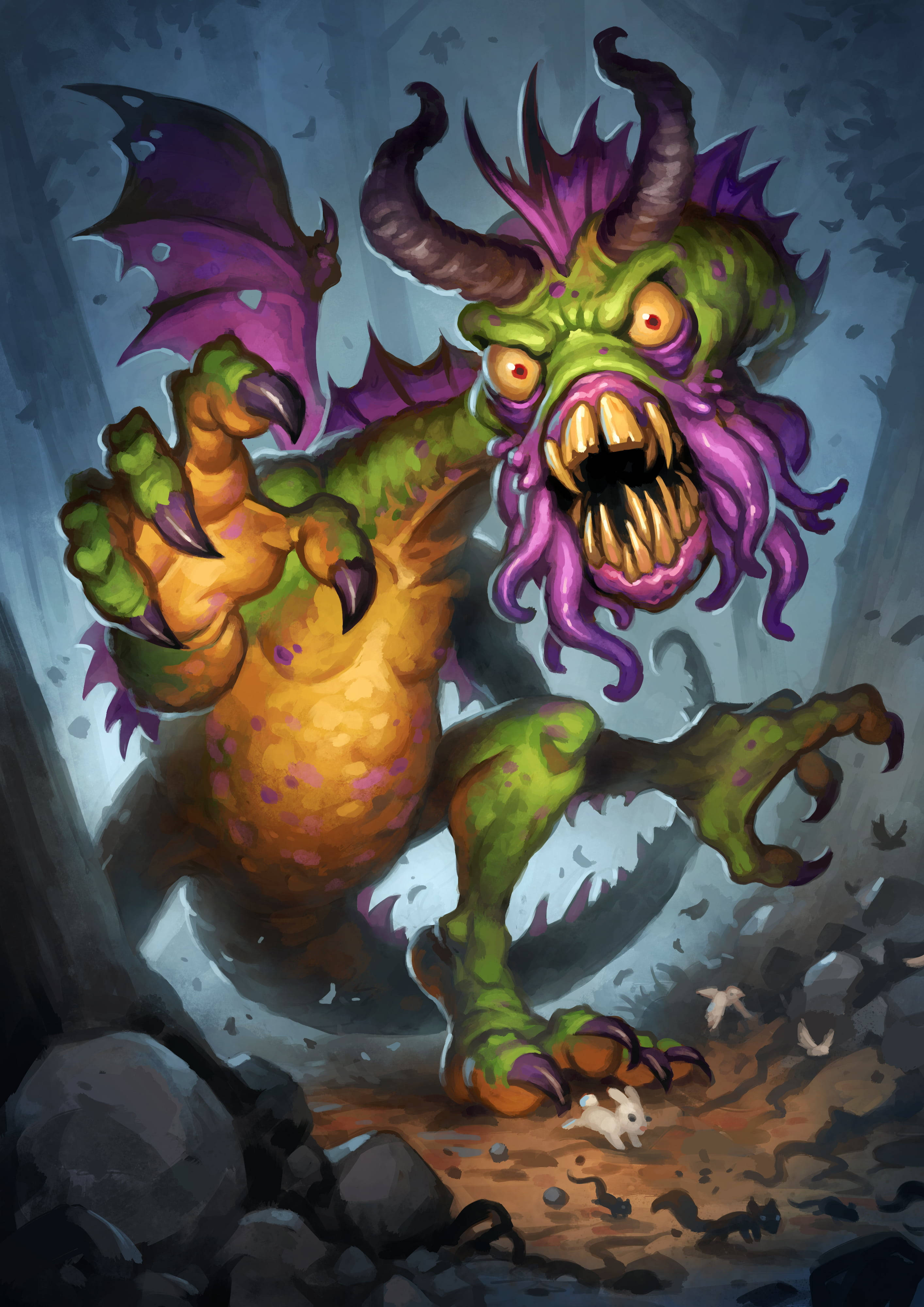 hearthstone phone 桌布 壁紙 — 一個長著紫色翅膀、角和觸手的怪異綠色惡魔從岩石洞穴中發出威脅性的咆哮。