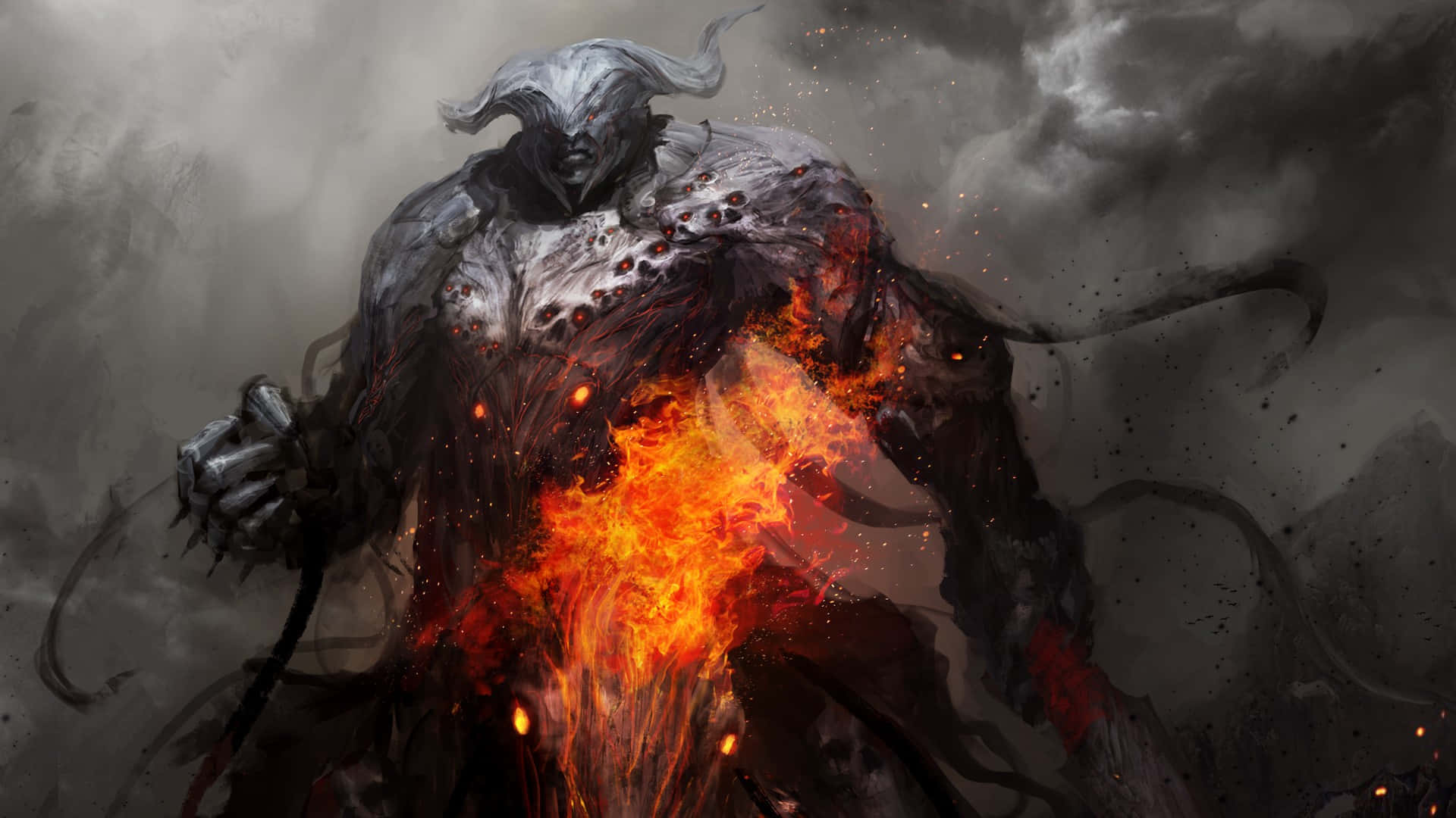 Dark War 桌布 壁紙 — 一個長角嘅怪物形體，燃燒嘅軀幹企喺暴風雨嘅灰色天空下，散發出強烈嘅熱力同黑暗能量。