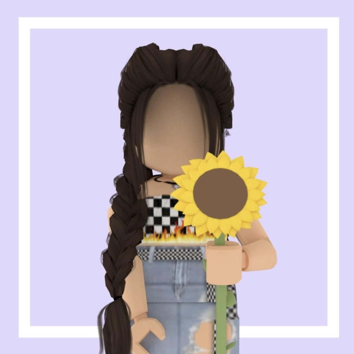 Aesthetic Roblox 桌布 壁紙 — 一個長辮子的 Roblox 角色在柔和的薰衣草背景前拿著向日葵。