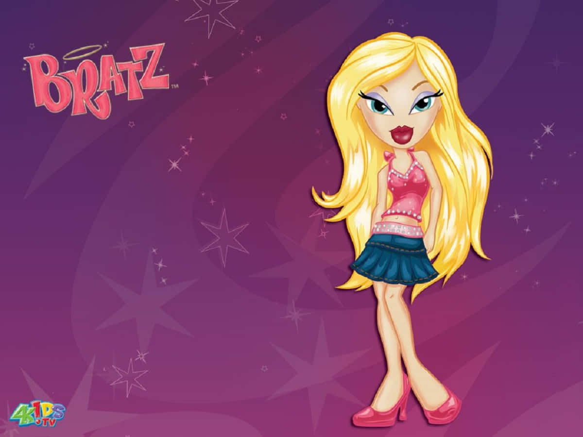 貝茲娃娃 桌布 壁紙 — 一個長金髮、身穿粉紅色服裝的 Bratz 公仔，自信地站在紫色星空背景前。