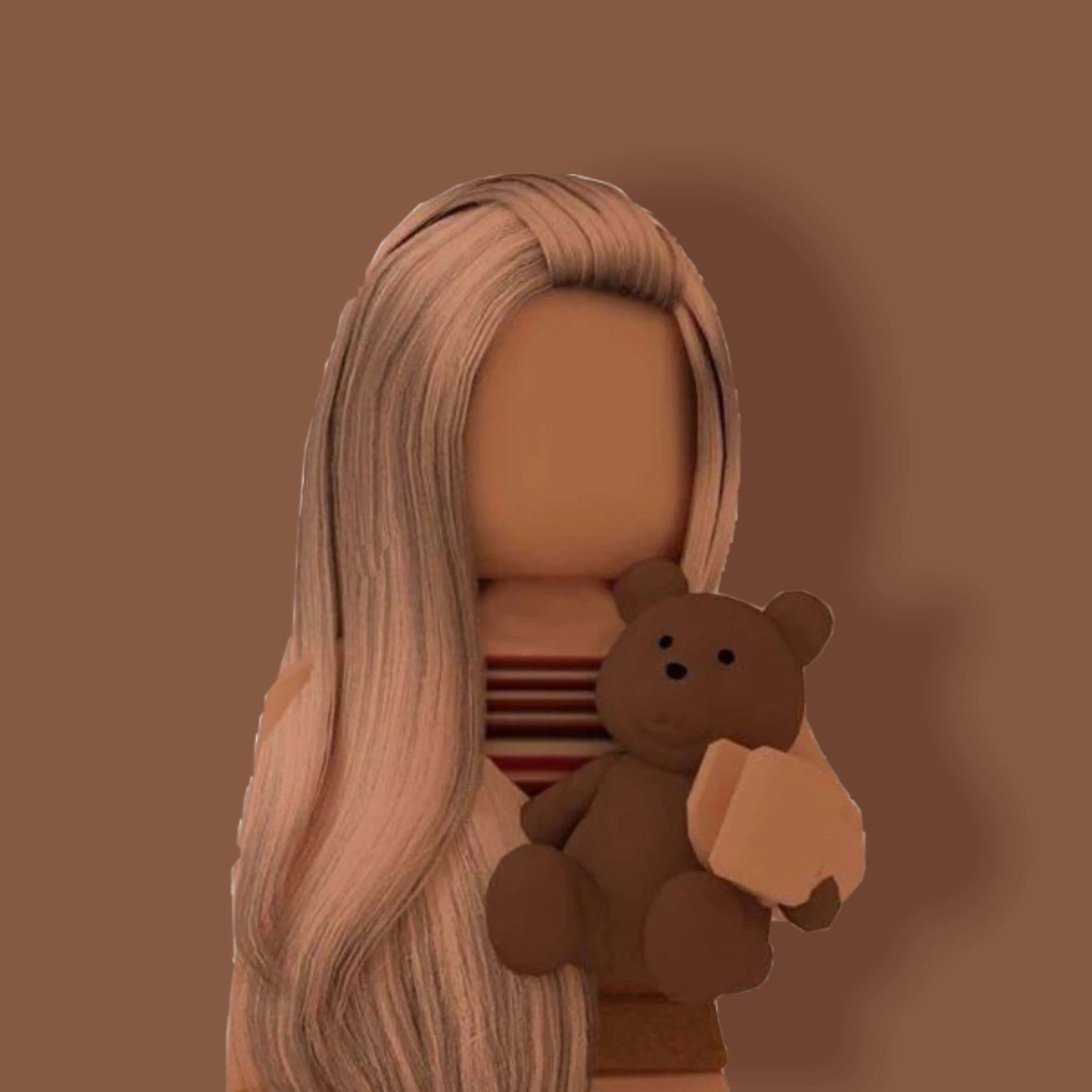 Aesthetic Roblox 桌布 壁紙 — 一個長金髮的 Roblox 風格頭像，在純棕色背景前抱著一隻棕色泰迪熊。