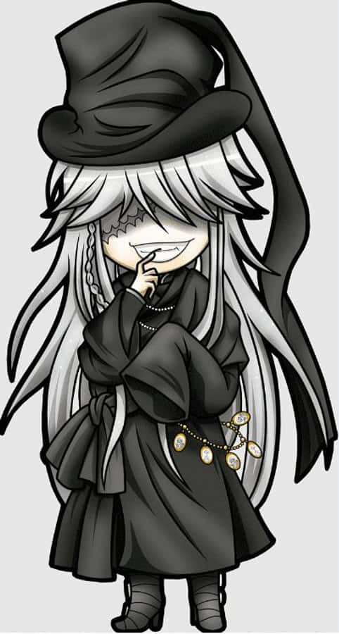Black Butler Undertaker 桌布 壁紙 — 一個長銀色頭髮、戴黑色高帽的Q版動畫女巫，將手指放在唇邊，露出調皮的笑容。