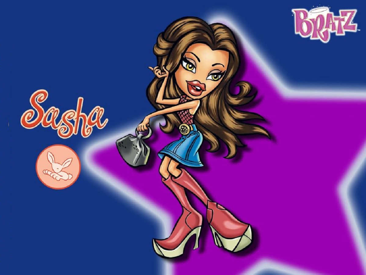 Bratz 桌布 壁紙 — 一個長長啡色頭髮和紅色嘴唇的卡通女孩，自信地擺姿勢，在藍色背景上拿著手袋，前面有一個紫色星星。
