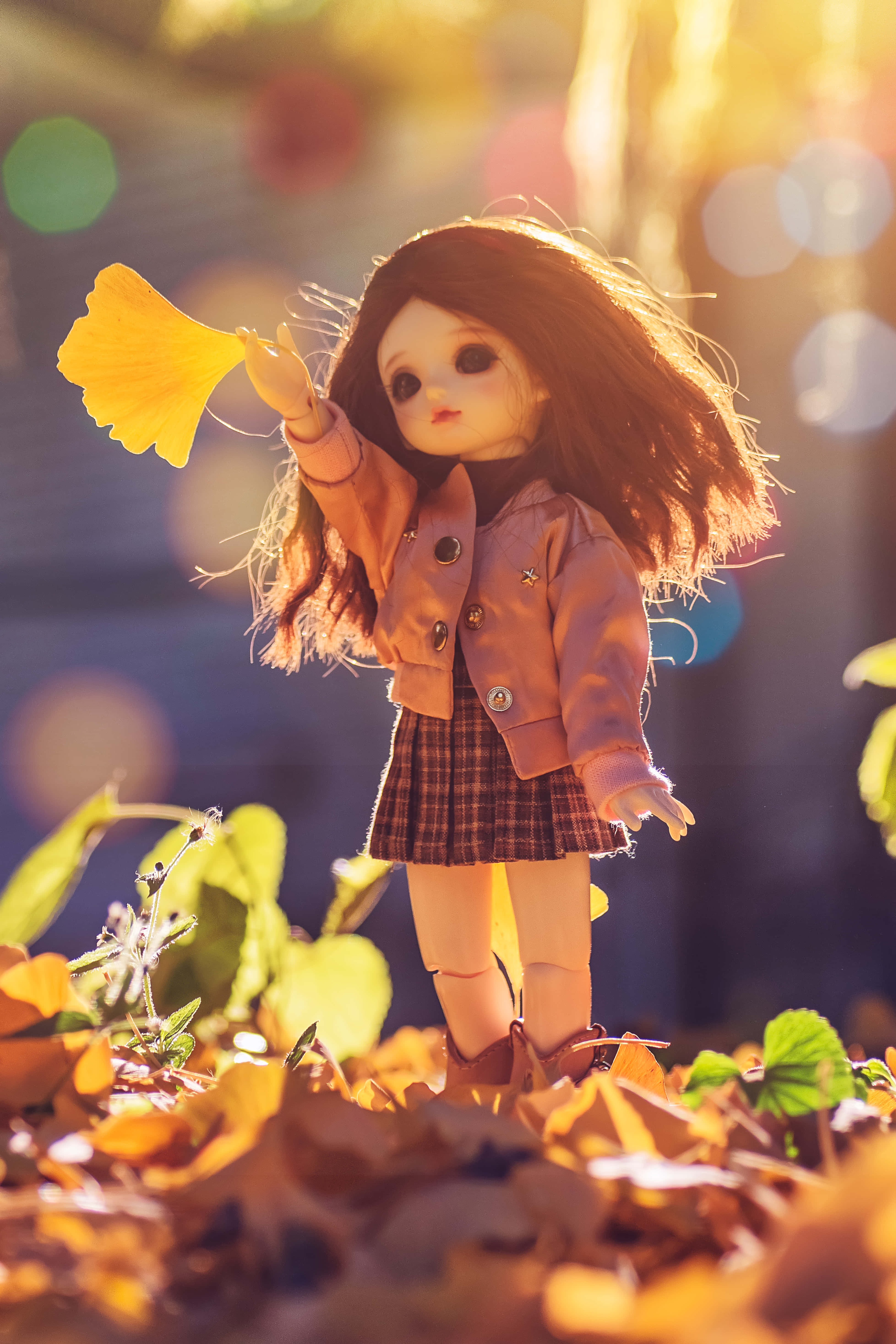 Dolls 桌布 壁紙 — 一個長長啡色頭髮的娃娃站在金色的秋葉中，在溫暖的陽光下拿著一片黃色的銀杏葉。
