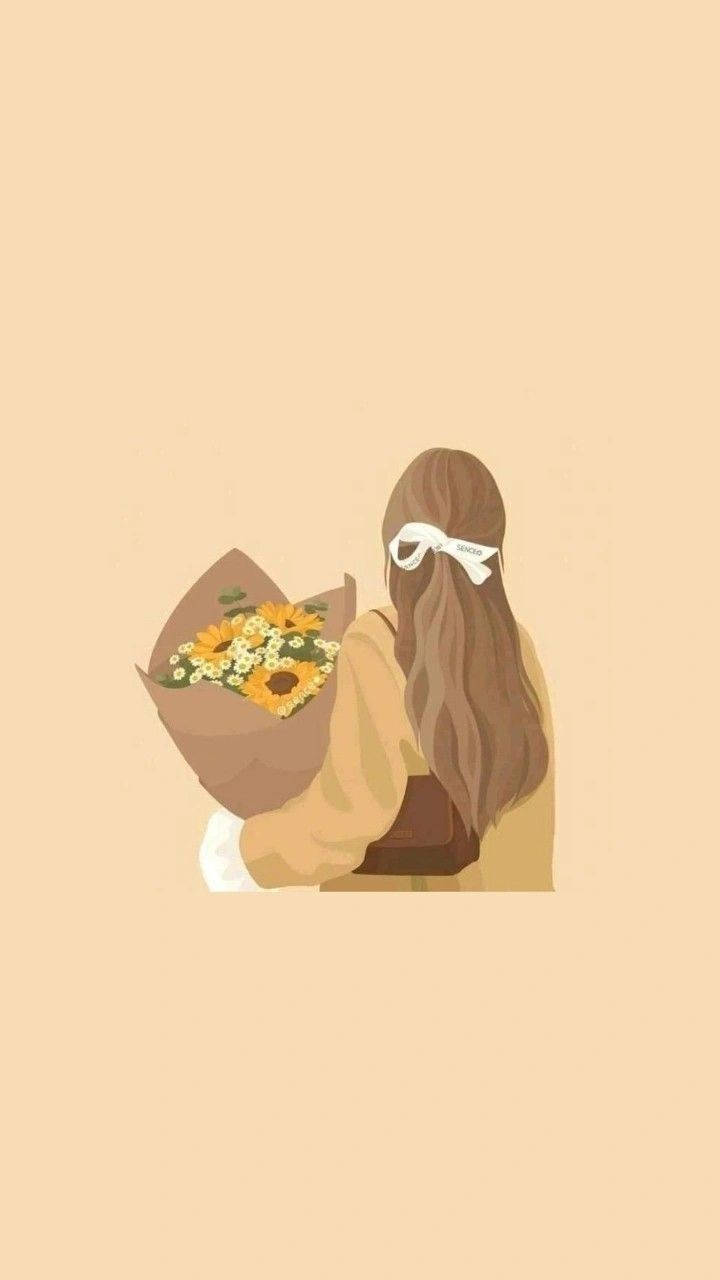 Woman 桌布 壁紙 — 一個長長棕色頭髮、繫著白色蝴蝶結的女孩，在柔和的蜜桃色背景下捧著一束向日葵和雛菊。