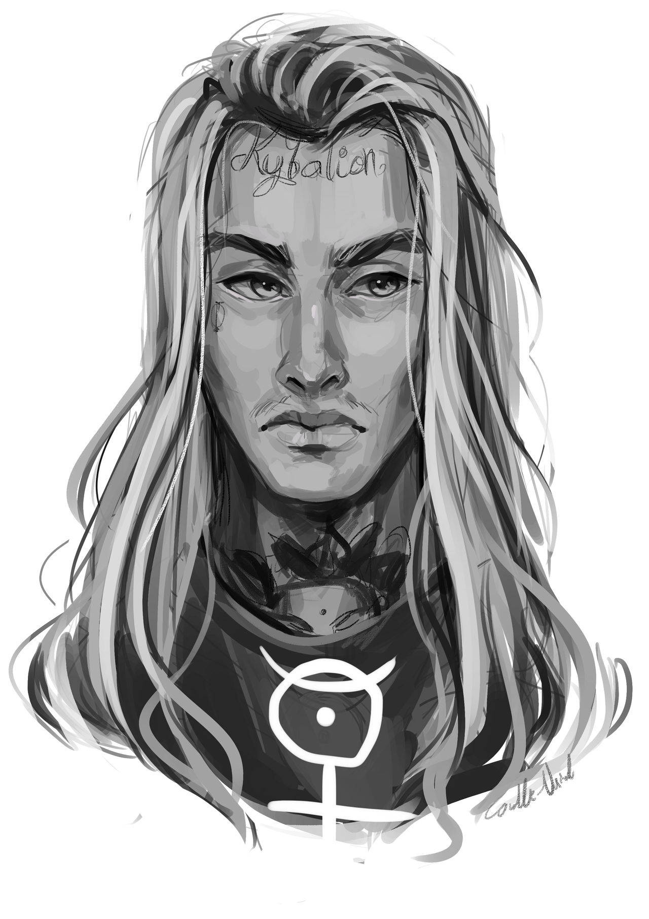 Ghostemane 桌布 壁紙 — 一個長頭髮、頸部有紋身的人穿著帶有符號的襯衫的單色插圖。