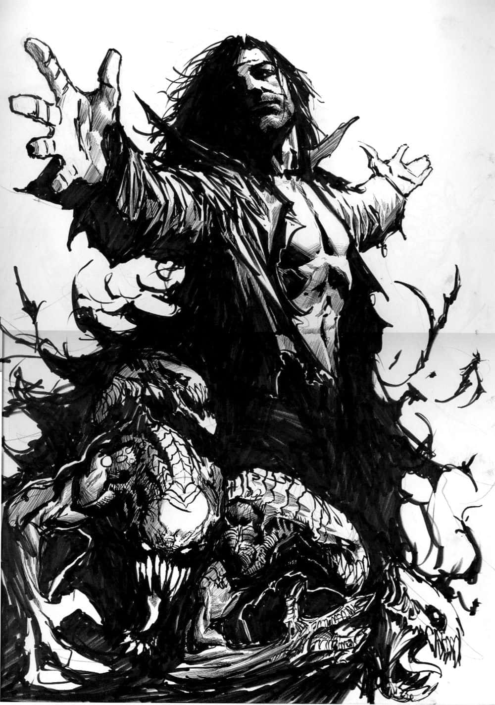 Black And White Comic 桌布 壁紙 — 一個長髮、雙手伸出的威脅性人物從旋轉的黑暗生物中浮現，呈現出鮮明的黑白插圖。