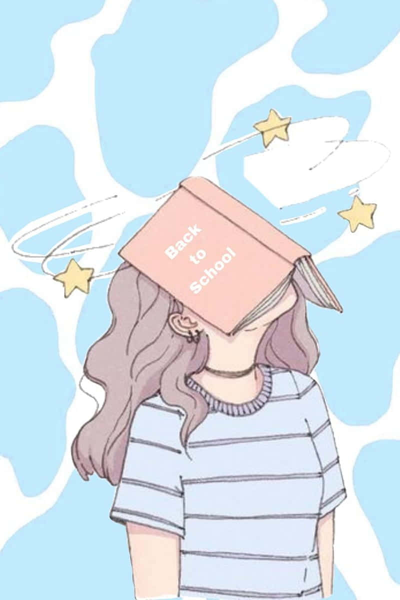  壁紙 — 一個長髮女孩戴著粉紅色嘅「Back to School」書本帽，背景係旋轉嘅藍白色同漂浮嘅星星。