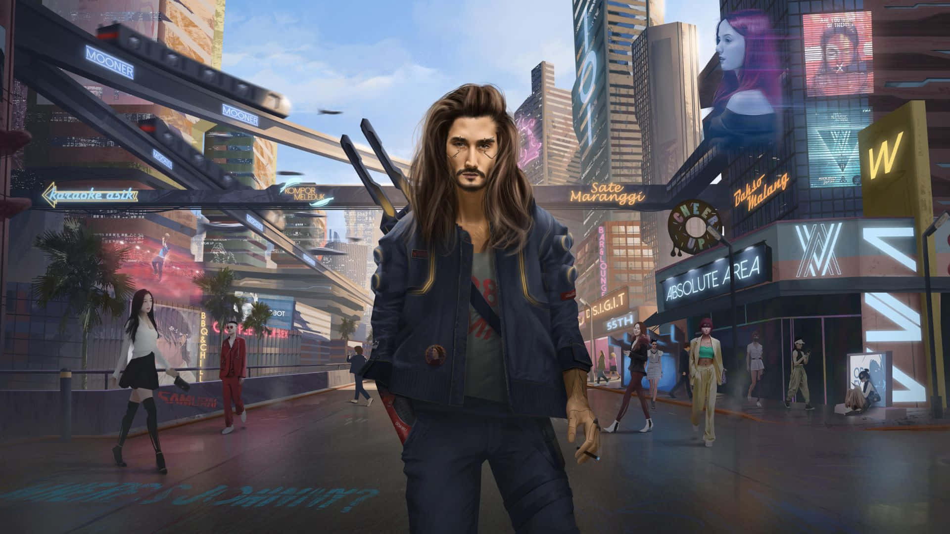 Cyberpunk 2077 Characters 桌布 壁紙 — 一個長髮男子手持武器，站在霓虹燈照亮嘅未來城市景觀中，有高聳嘅摩天大樓同發光嘅廣告牌。