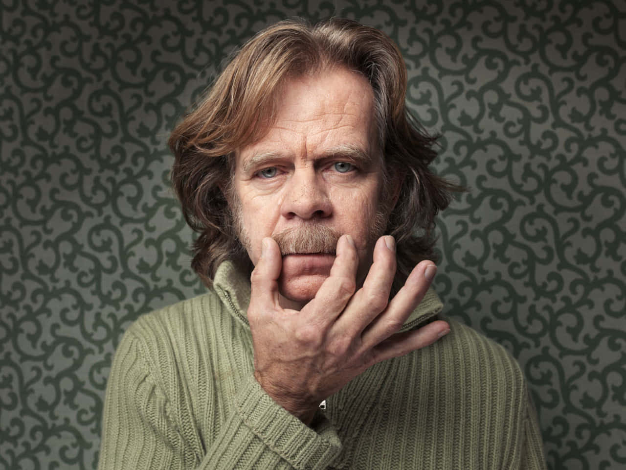 william h. macy 桌布 壁紙 — 一個長髮留鬚的男人，將下巴擱在手上，靠著深色圖案牆紙。