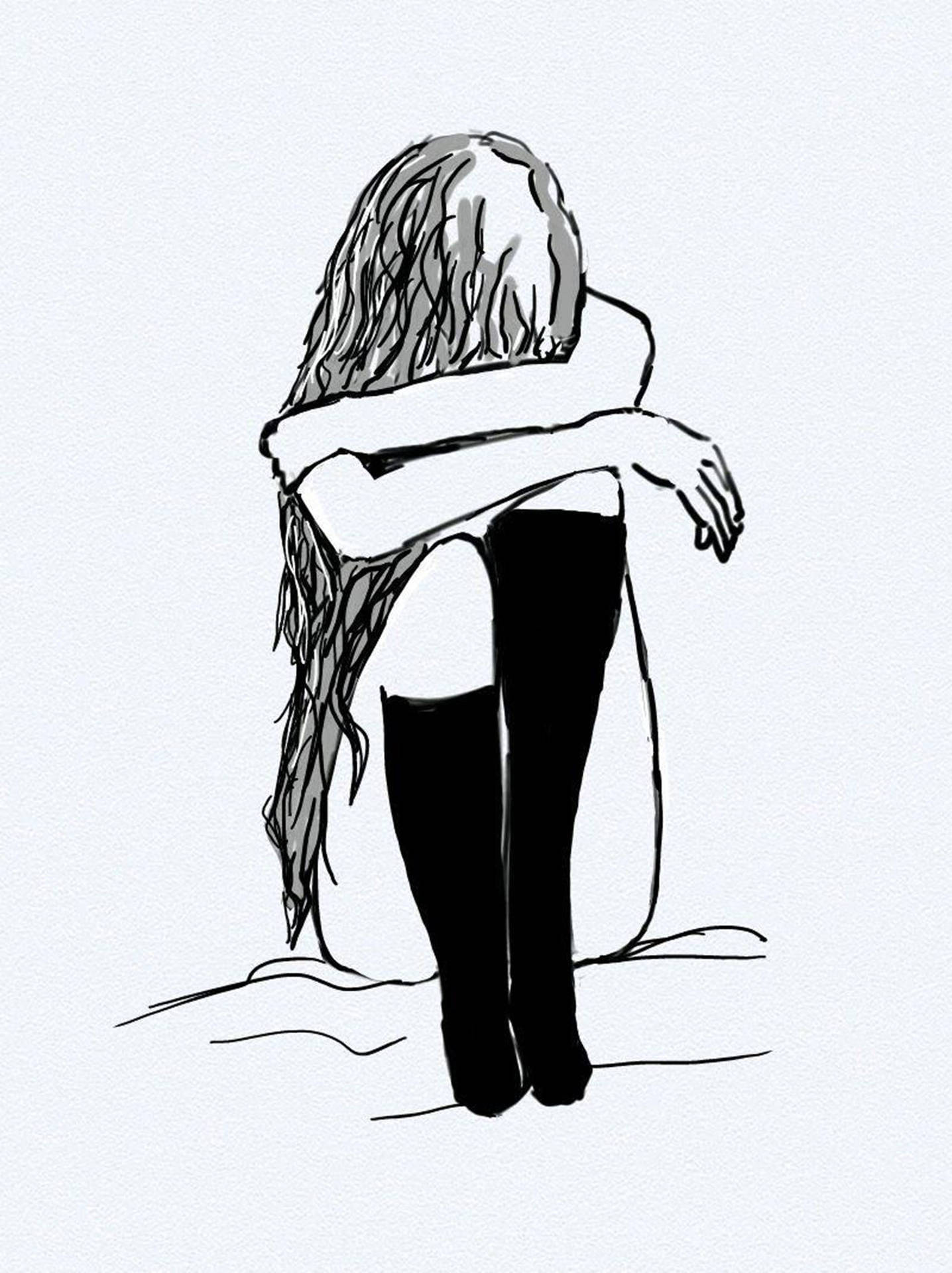 depressed anime 桌布 壁紙 — 一個長髮的孤獨人物，在素描風格的黑白線條畫中，蜷縮著坐著，雙臂環抱膝蓋，顯得孤獨。