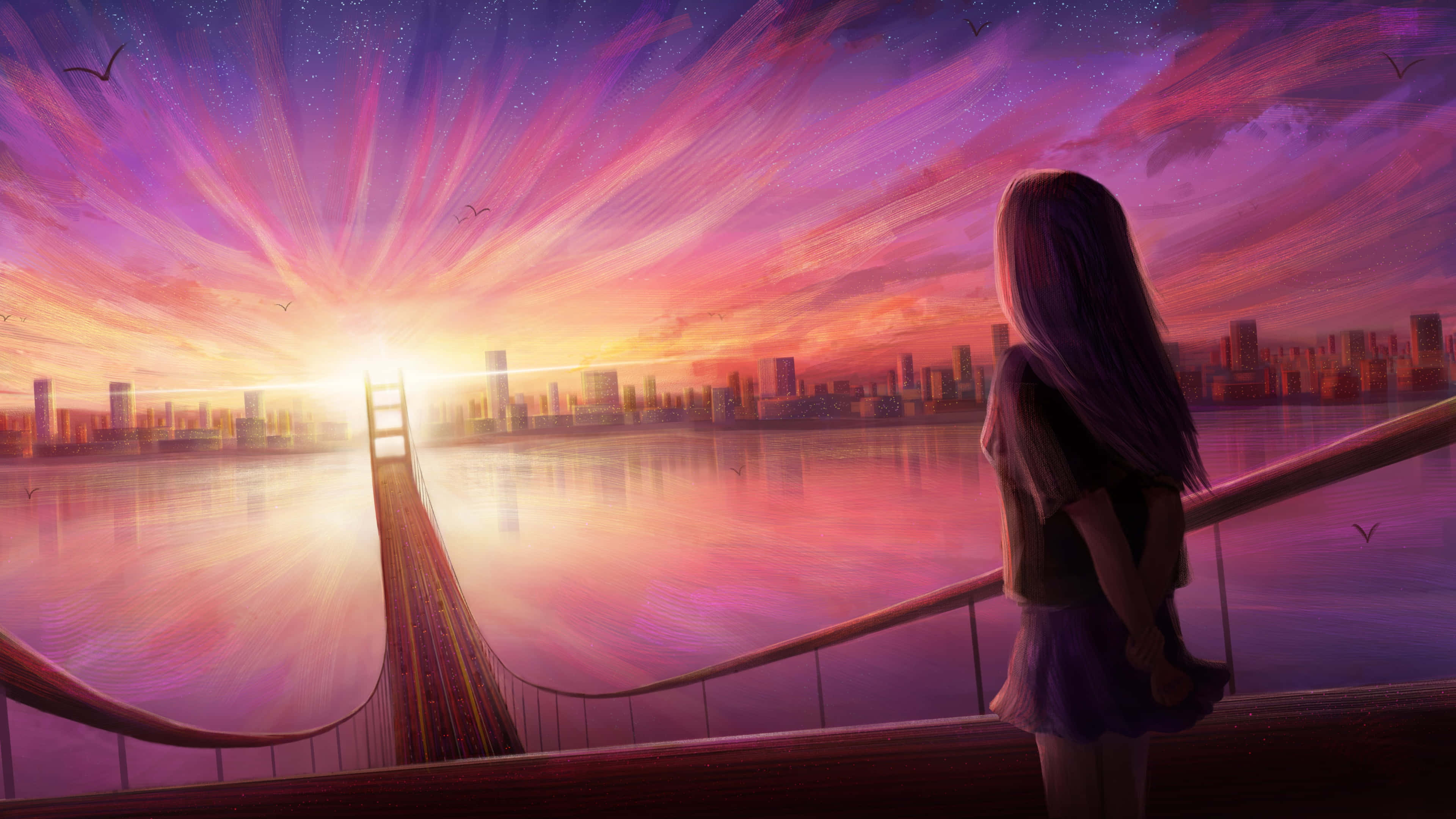 Anime Sunset 桌布 壁紙 — 一個長髮的孤獨女孩站在橋欄杆上，看著燦爛的日出，城市景觀中有一座發光的橋樑延伸至地平線。