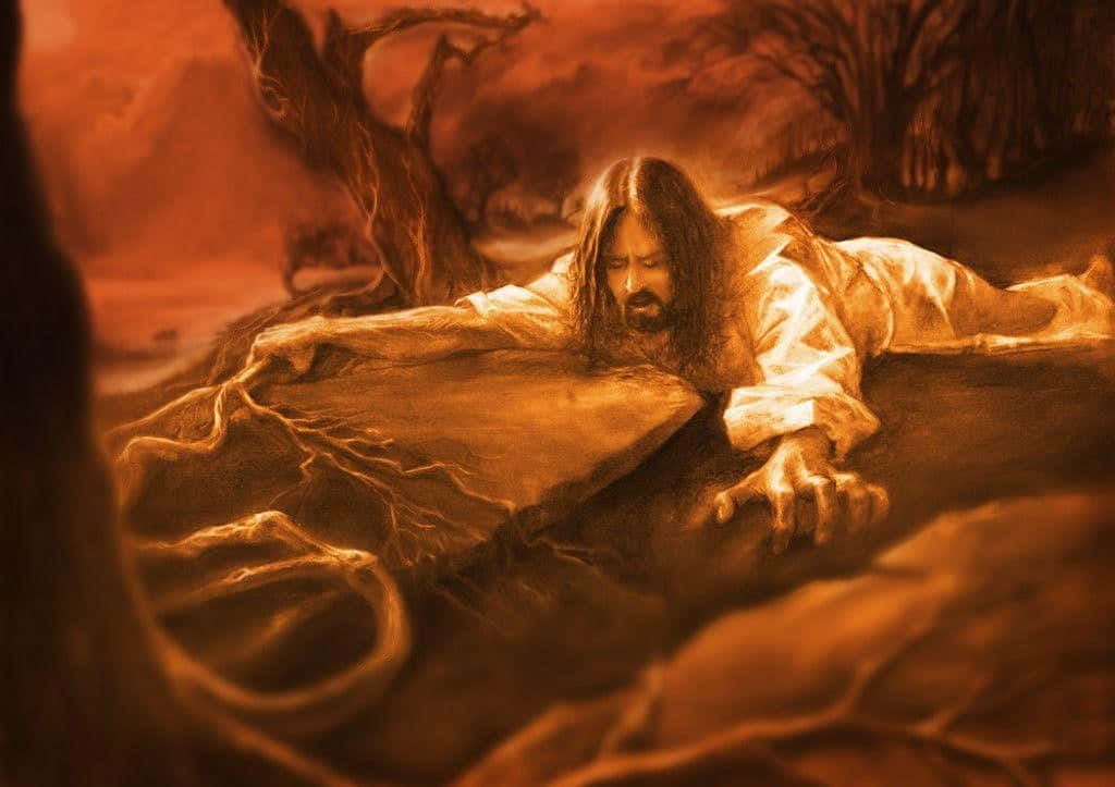 祈禱 桌布 壁紙 — 一個長髮鬍鬚的男人爬過一個超現實、火熱的橙色景觀，有扭曲的樹木和發光的根。
