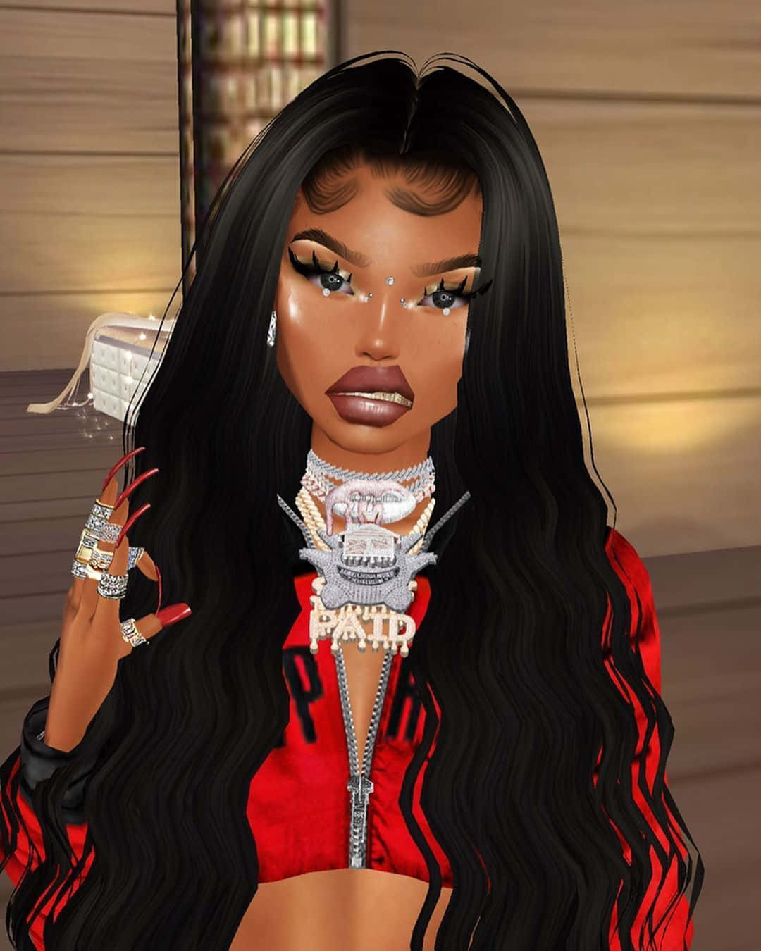 imvu 桌布 壁紙 — 一個長黑髮、佩戴重型珠寶的迷人數碼化身，自信地穿著紅色服裝擺姿勢。