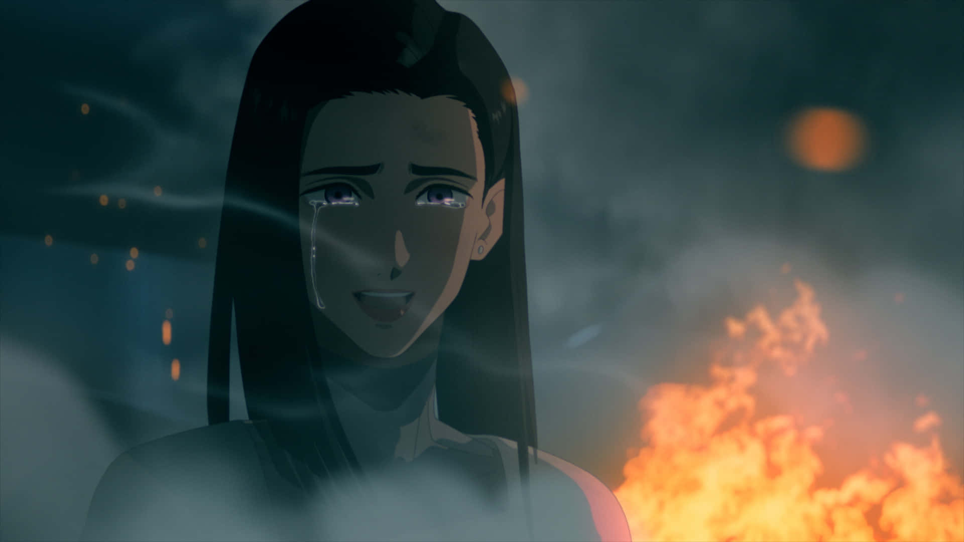 Rem Saverem 桌布 壁紙 — 一個長黑髮的動漫女孩流著淚，站在煙霧繚繞的黃昏天空下，面對著熊熊烈火。