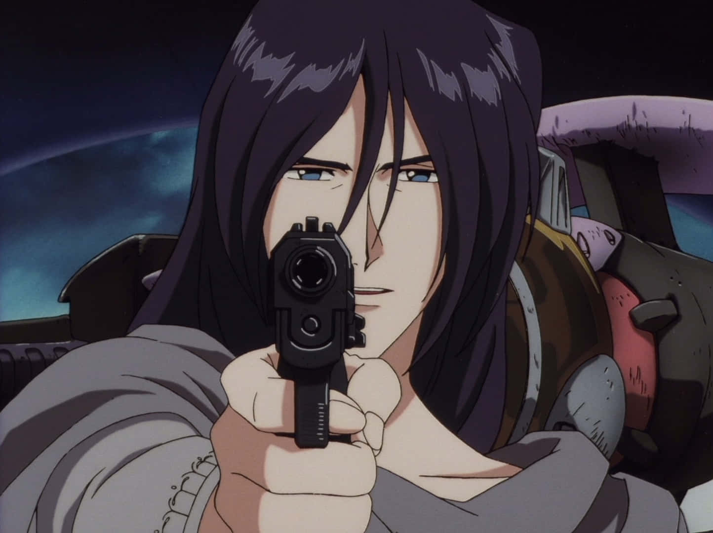 Cowboy Bebop Gren 桌布 壁紙 — 一個長黑髮的動漫角色在星空夜空背景下直接將手槍瞄準觀眾。