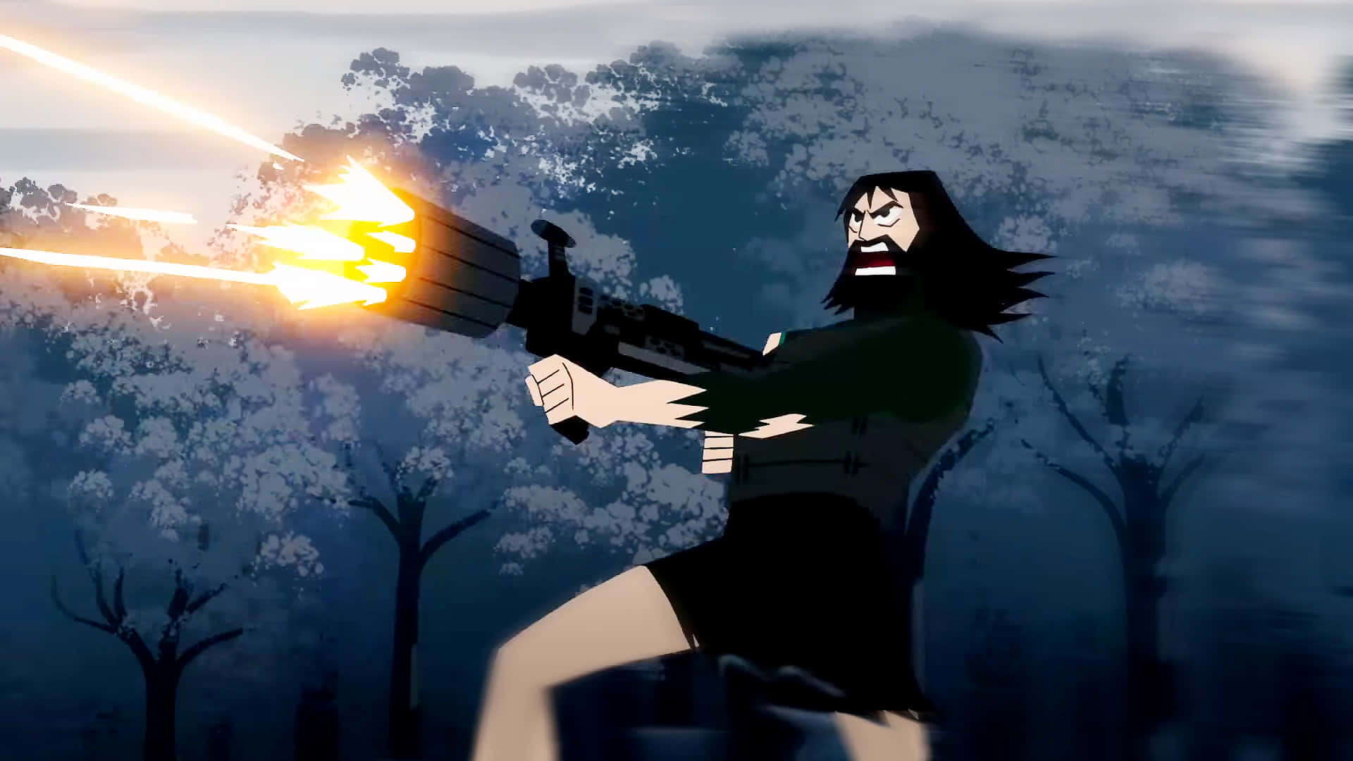 samurai jack 桌布 壁紙 — 一個長黑髮的動漫角色在黃昏的雪林中發射發光武器。