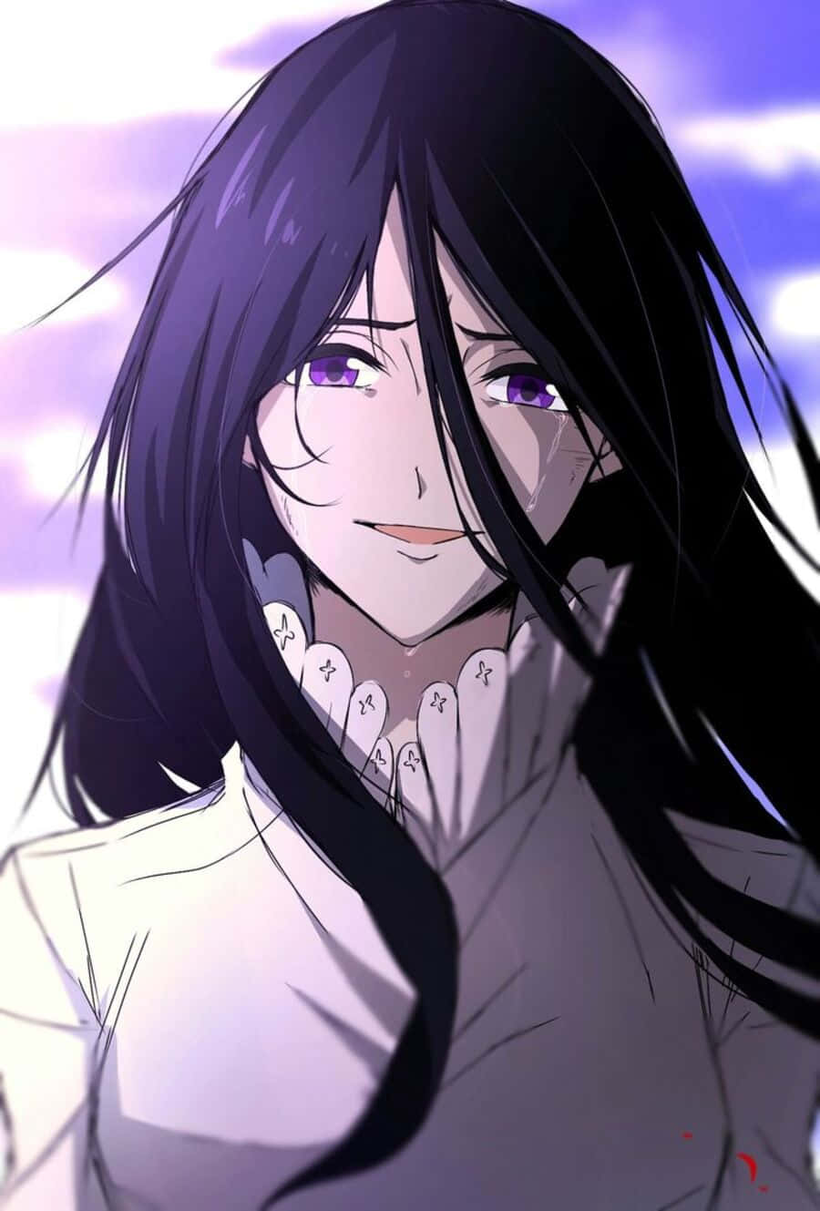 The Promised Neverland Isabella 桌布 壁紙 — 一個長黑髮紫眼嘅動漫女仔近鏡，喺柔和紫色天空下溫柔微笑。