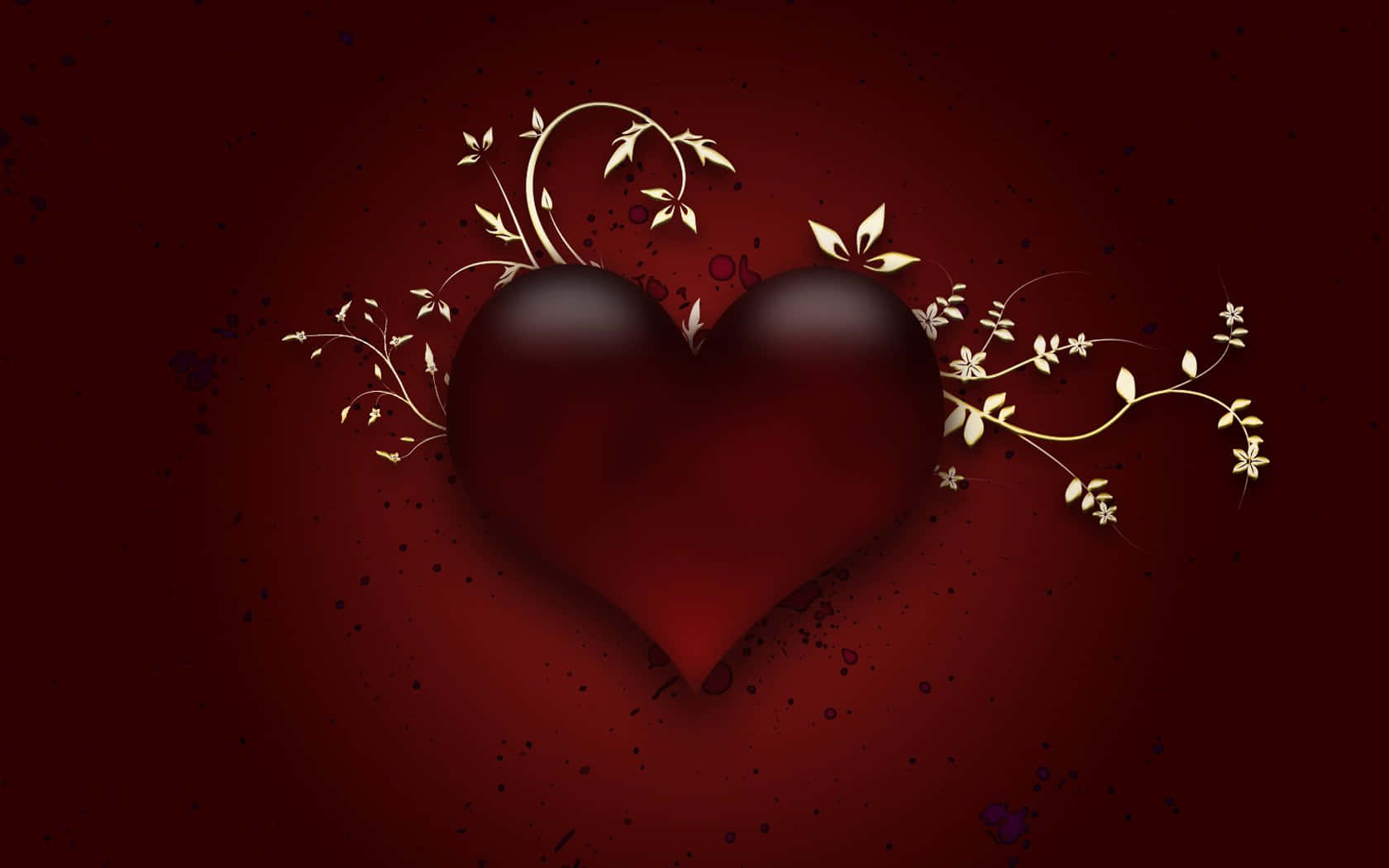 Red Heart 桌布 壁紙 — 一個閃亮的深紅色心形，飾有金色藤蔓和葉子，背景為深酒紅色紋理。