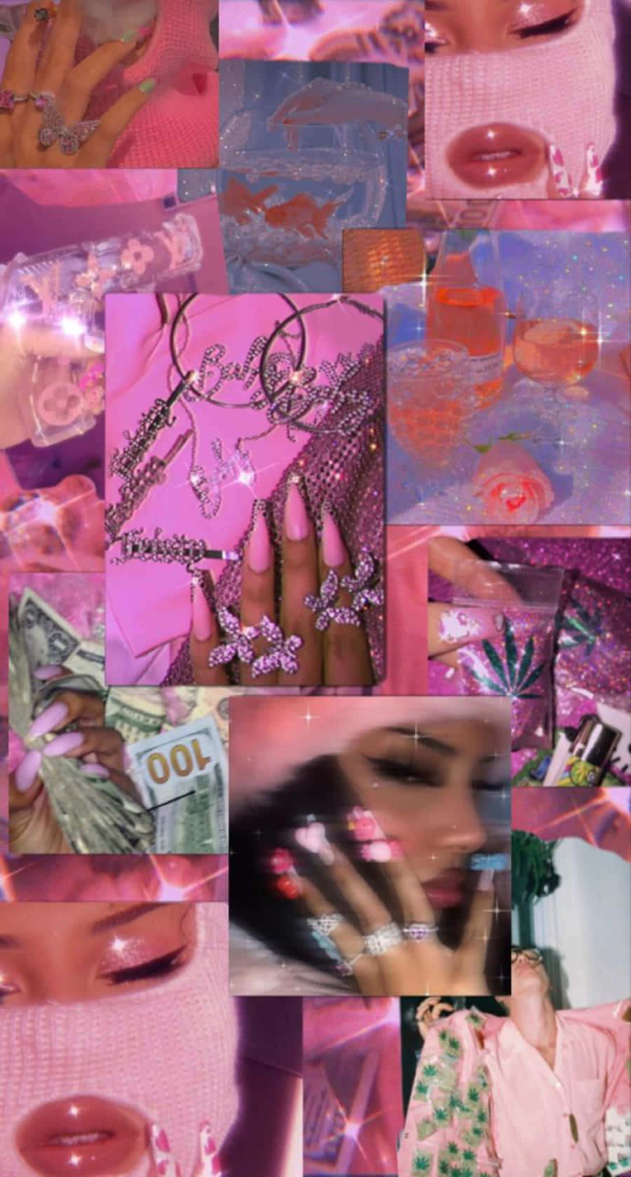 Baddie Vintage 90's Aesthetic 桌布 壁紙 — 一個閃亮的粉紅色拼貼畫，包含手部、水鑽珠寶、金錢以及嘴唇和眼睛的特寫，呈現華麗美學。