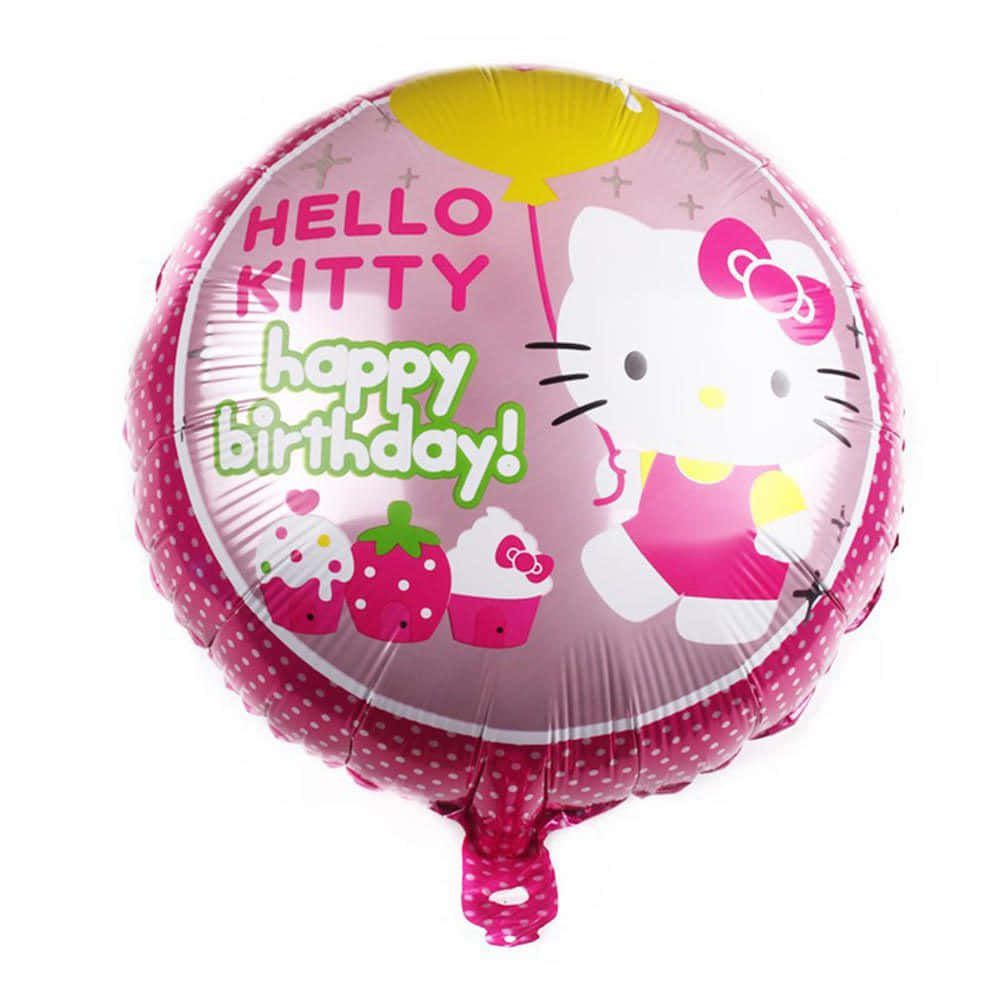 Hello Kitty Party 桌布 壁紙 — 一個閃亮的粉紅色箔氣球，Hello Kitty 拿著一個帶有紙杯蛋糕和草莓的黃色氣球，背景是圓點圖案。