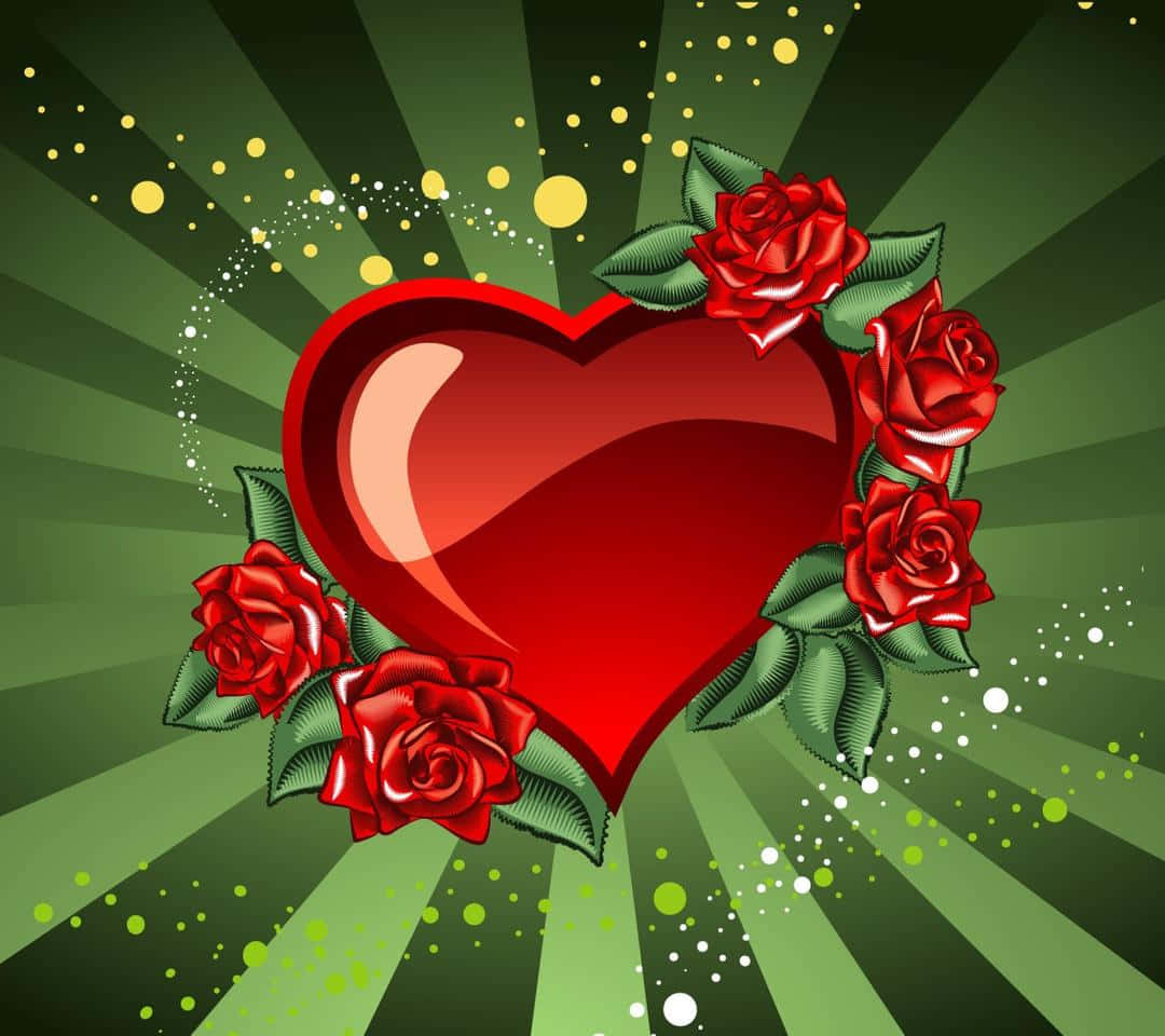 Rose Heart 桌布 壁紙 — 一個閃亮的紅色心形被鮮豔的紅玫瑰環繞，背景是動態的綠色放射狀背景，帶有閃爍的點綴。