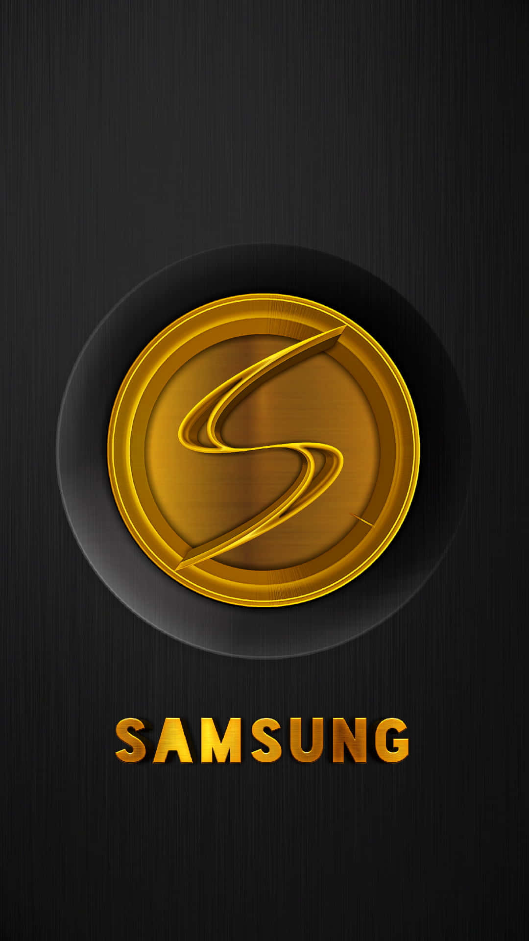 Galaxy S 桌布 壁紙 — 一個閃亮的金色Samsung標誌，居中放置在拉絲黑色金屬背景上，品牌名稱在下方。