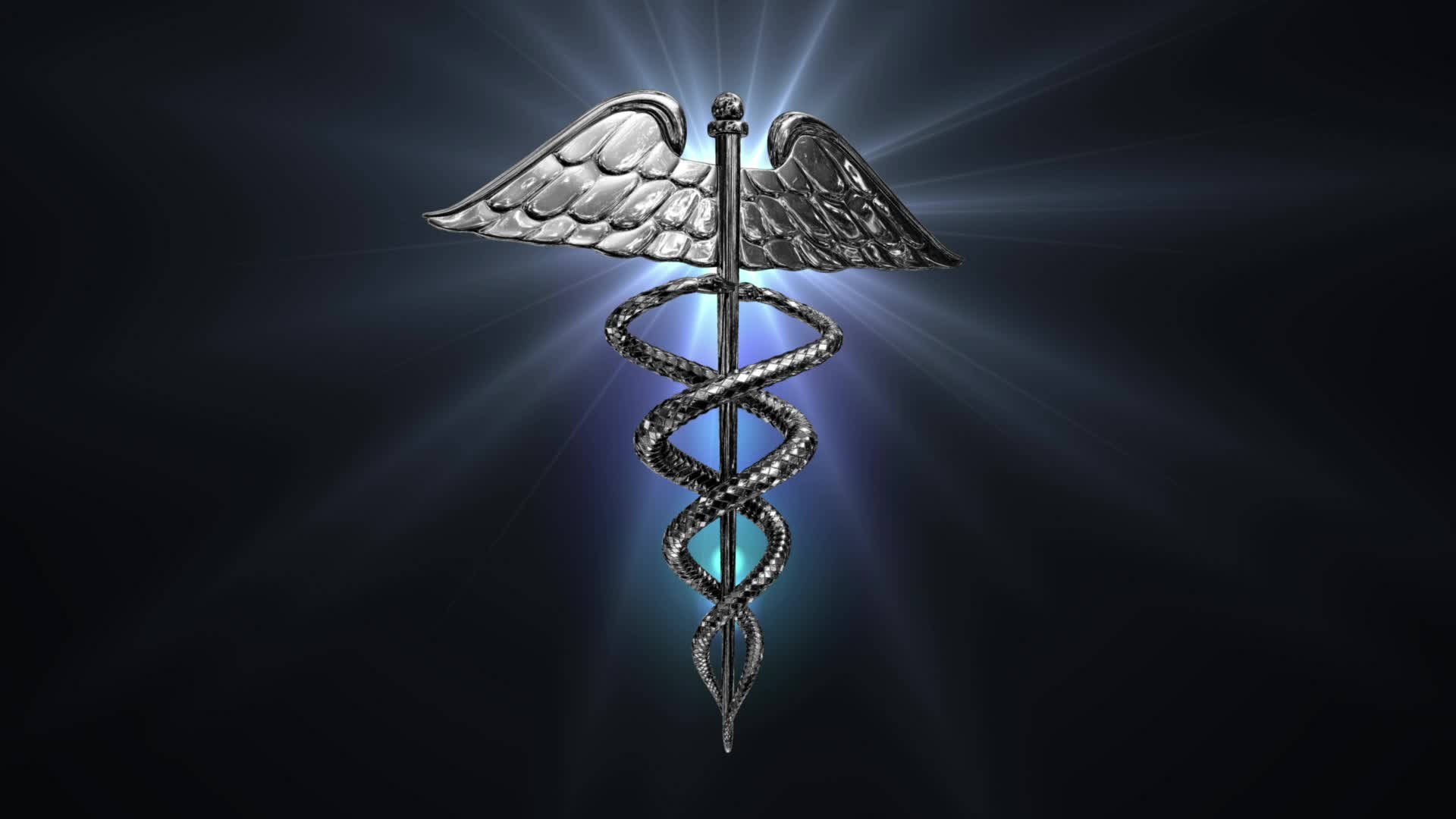 medical motivation 桌布 壁紙 — 一個閃亮的銀色雙蛇杖，帶有翅膀和纏繞的蛇，在黑暗背景下散發出藍色光芒。