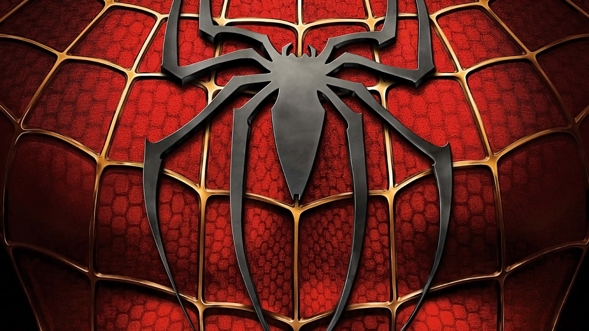 Spider Man 3 桌布 壁紙 — 一個閃亮黑色蜘蛛標誌的特寫，位於紅色紋理蜘蛛網圖案西裝中央，帶有金色飾邊。