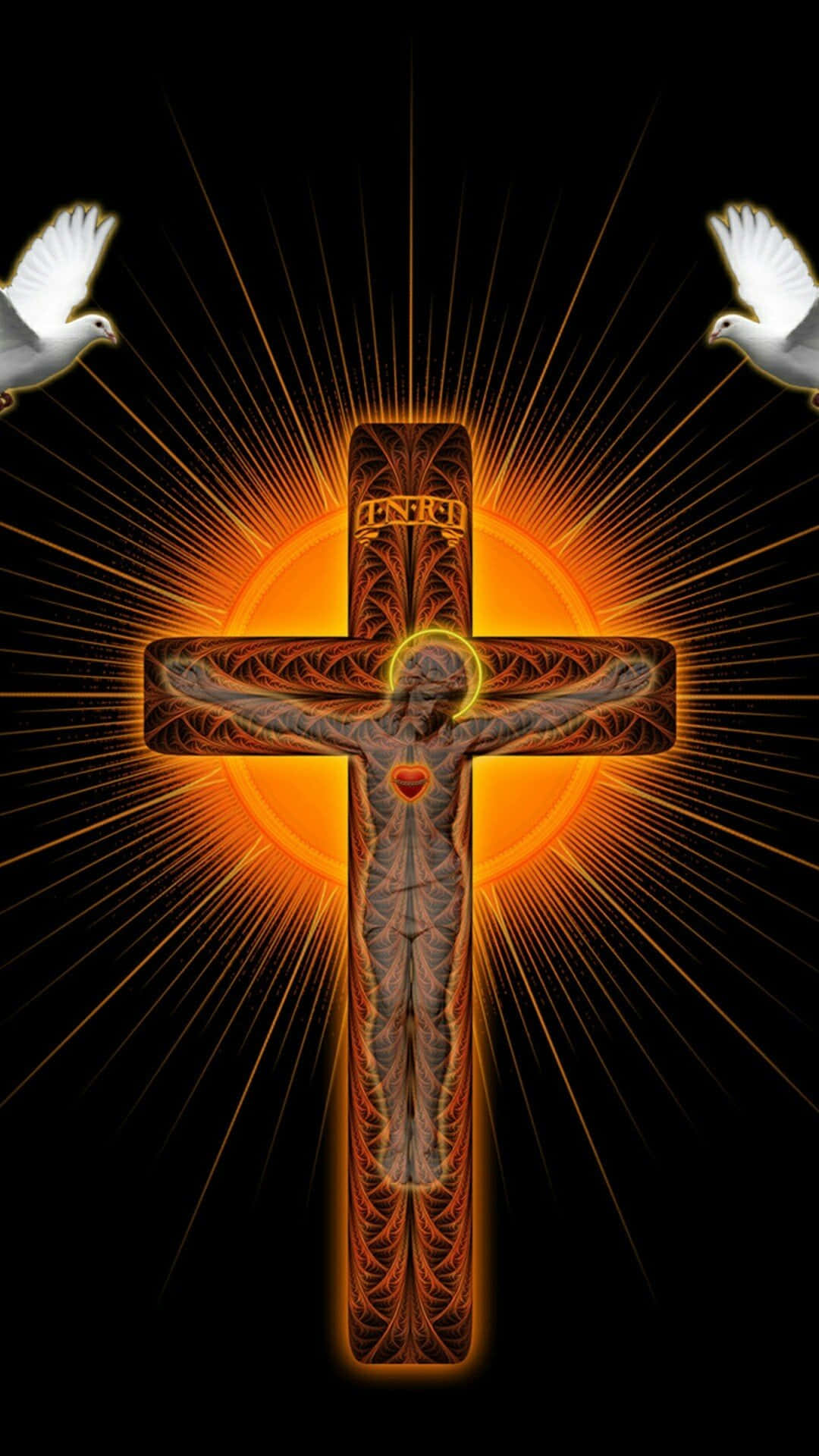 Jesus Crucifixion 桌布 壁紙 — 一個閃耀的十字架，帶有紋身基督像，在黑色背景上發光，兩側有兩隻白鴿和金色光芒。