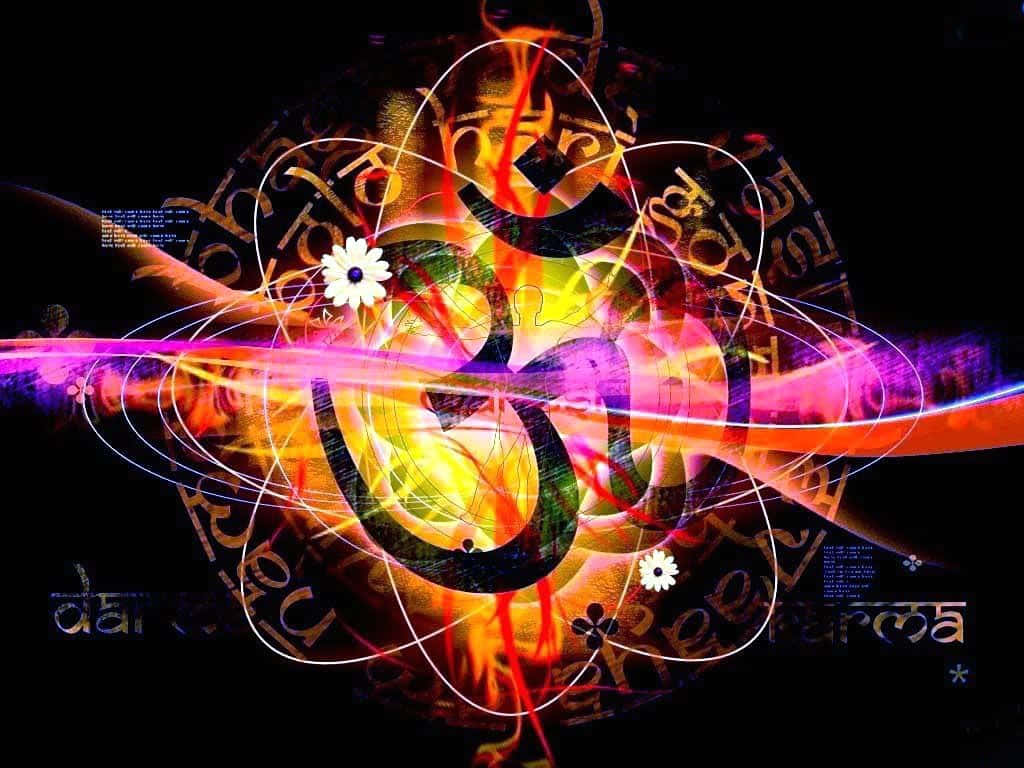 OM 桌布 壁紙 — 一個閃耀的唵（Om）符號在黑暗背景上以霓虹能量脈動，背景飾有梵文和發光的花卉點綴。