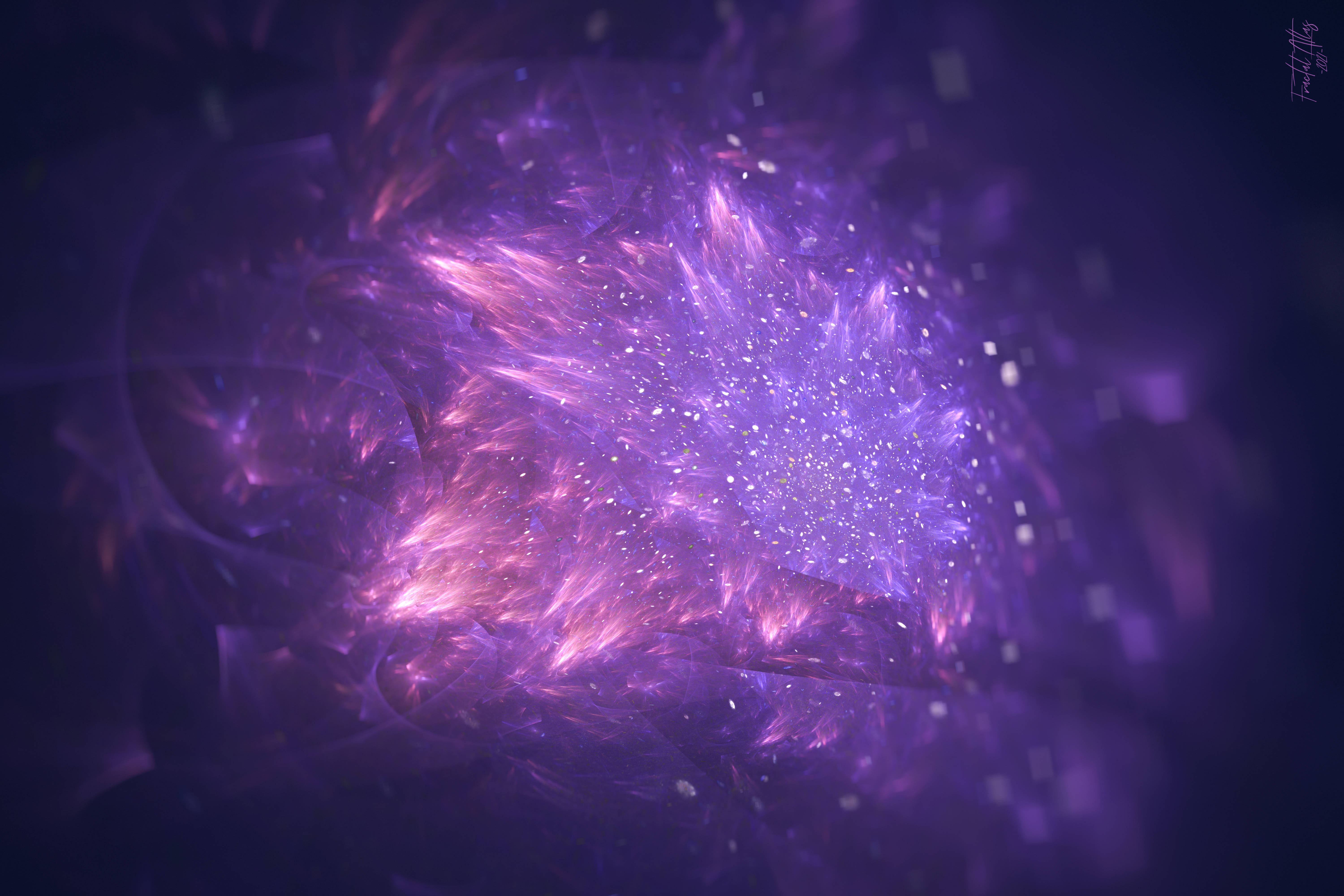 抽象 桌布 壁紙 — 一個閃耀的宇宙星雲在黑暗虛空中爆發，散發出發光的紫色和粉紅色分形能量。